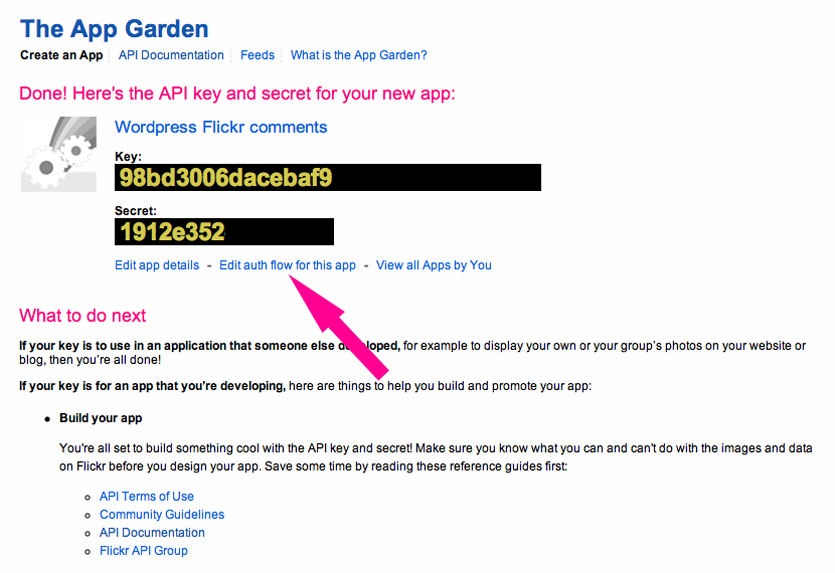 When done, Flikcr will show you the API key and secret. Then click "Edit auth flow for this app".