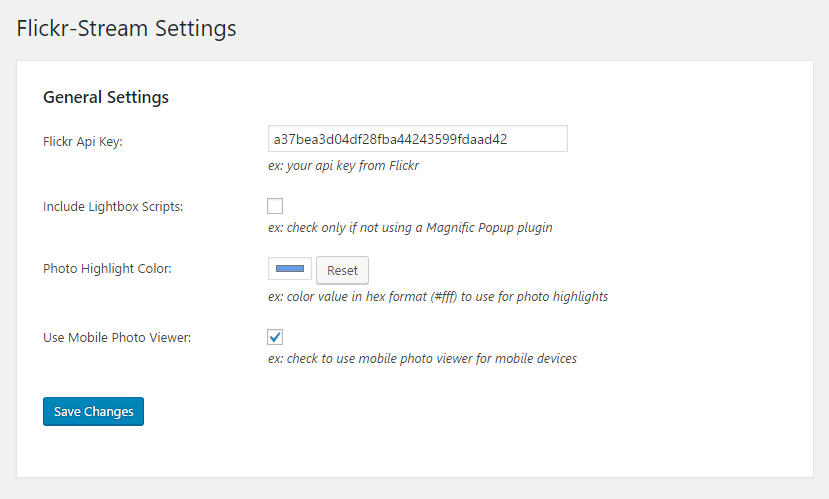 The main settings admin page
