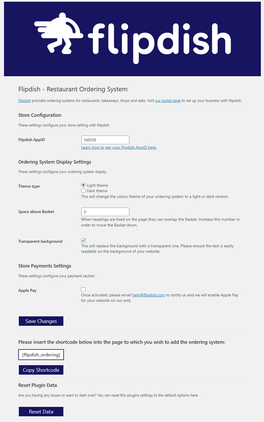 Flipdish ordering settings page. Configure store settings, styling and payments.