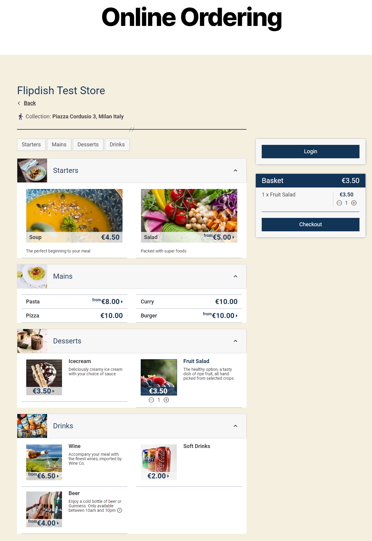 Example ordering page using the Flipdish plugin.