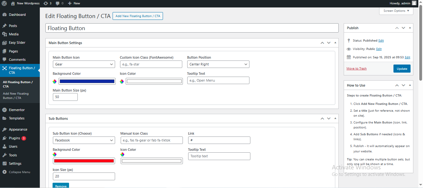 The Add Floating Button settings page
