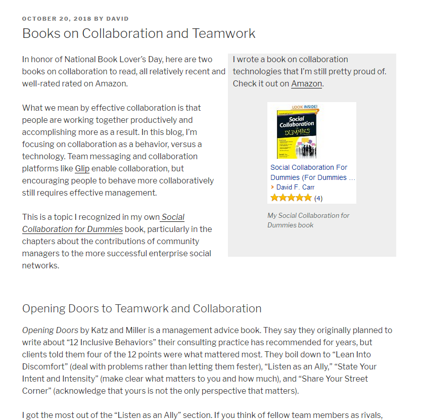 A blog post with a callout or sidebar area promoting a book.