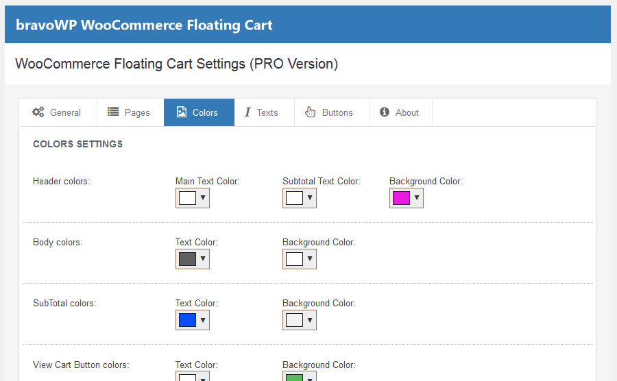 Settings for Cart (PRO edition)