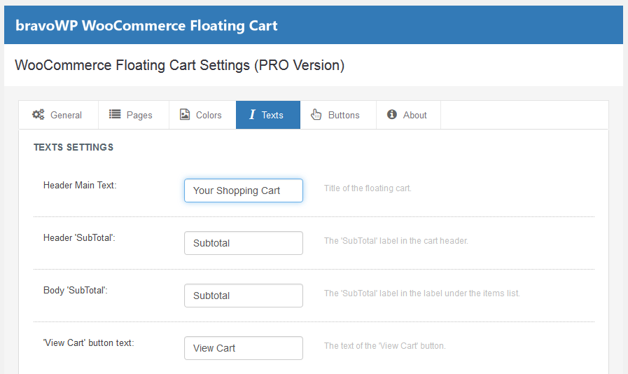 Settings for Cart (PRO edition)