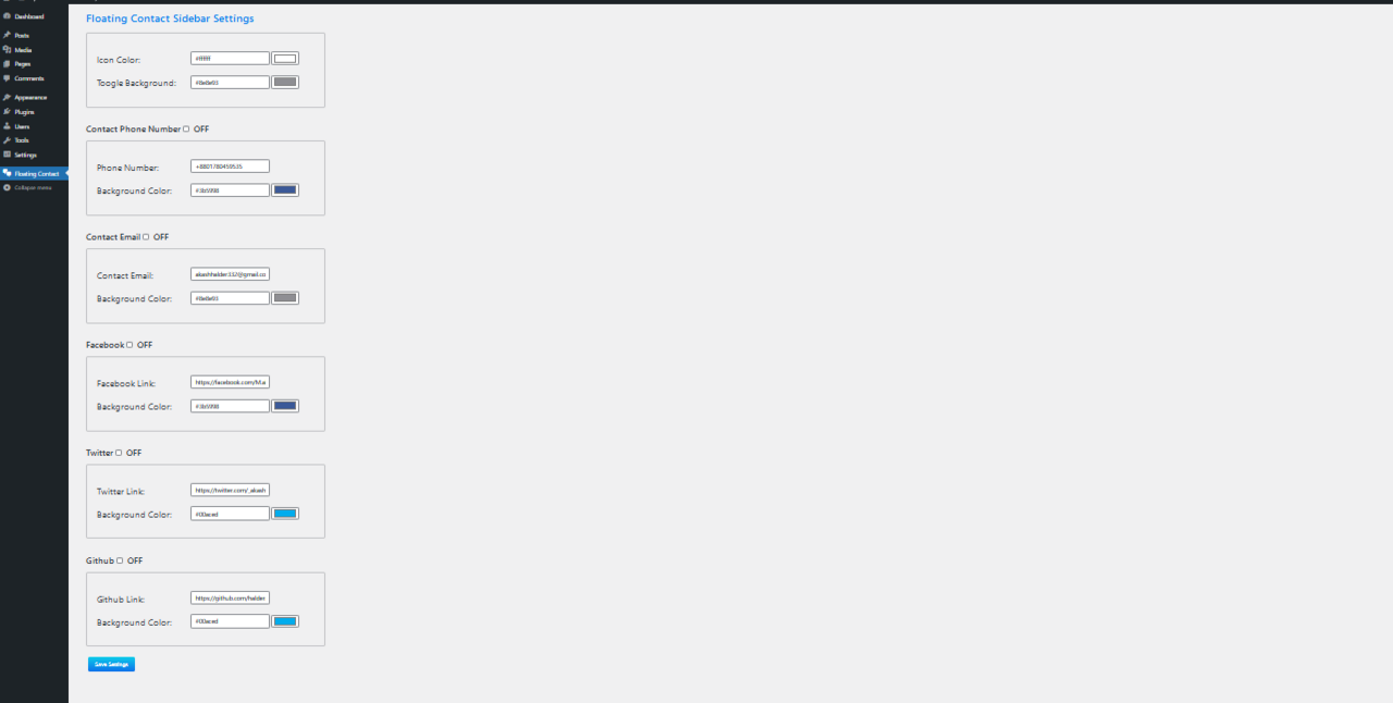 Backend with Floating Contact Settings