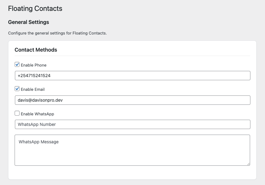 Admin settings page