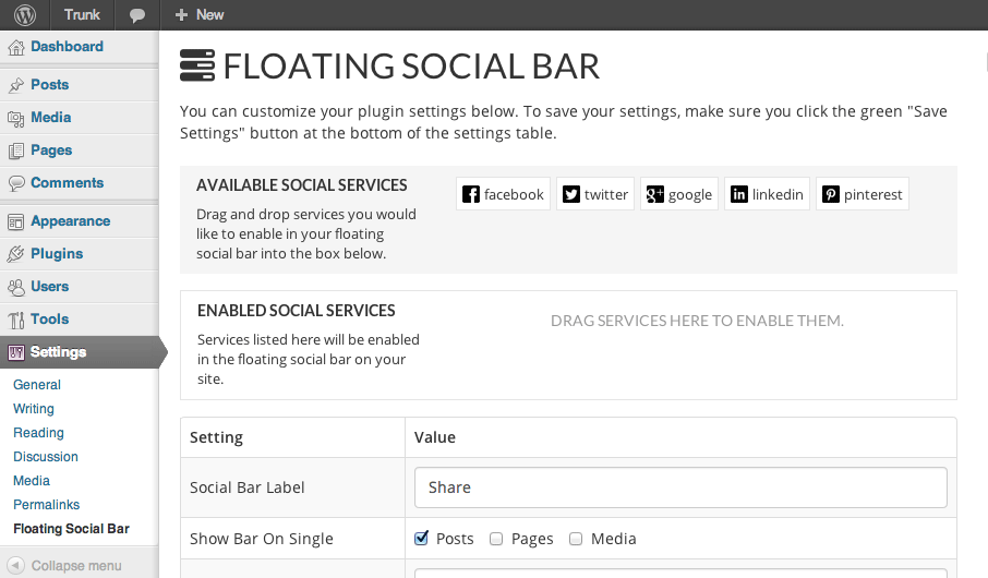 Main Floating Social Bar plugin settings page.