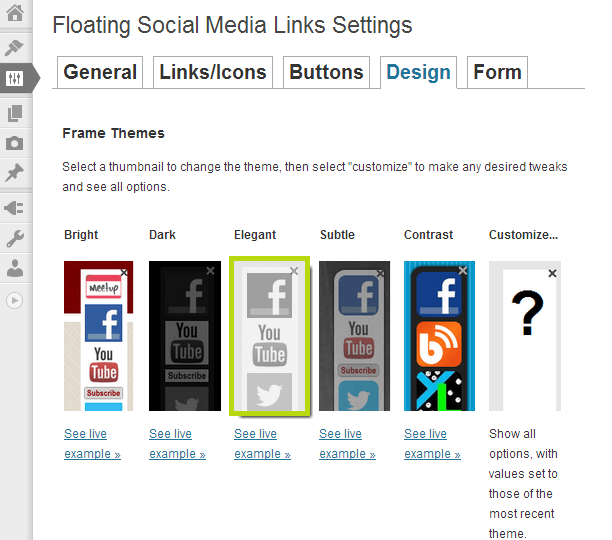 The Admin Settings Page, on the new Design tab, showing the theme-choosing interface with the various default themes.