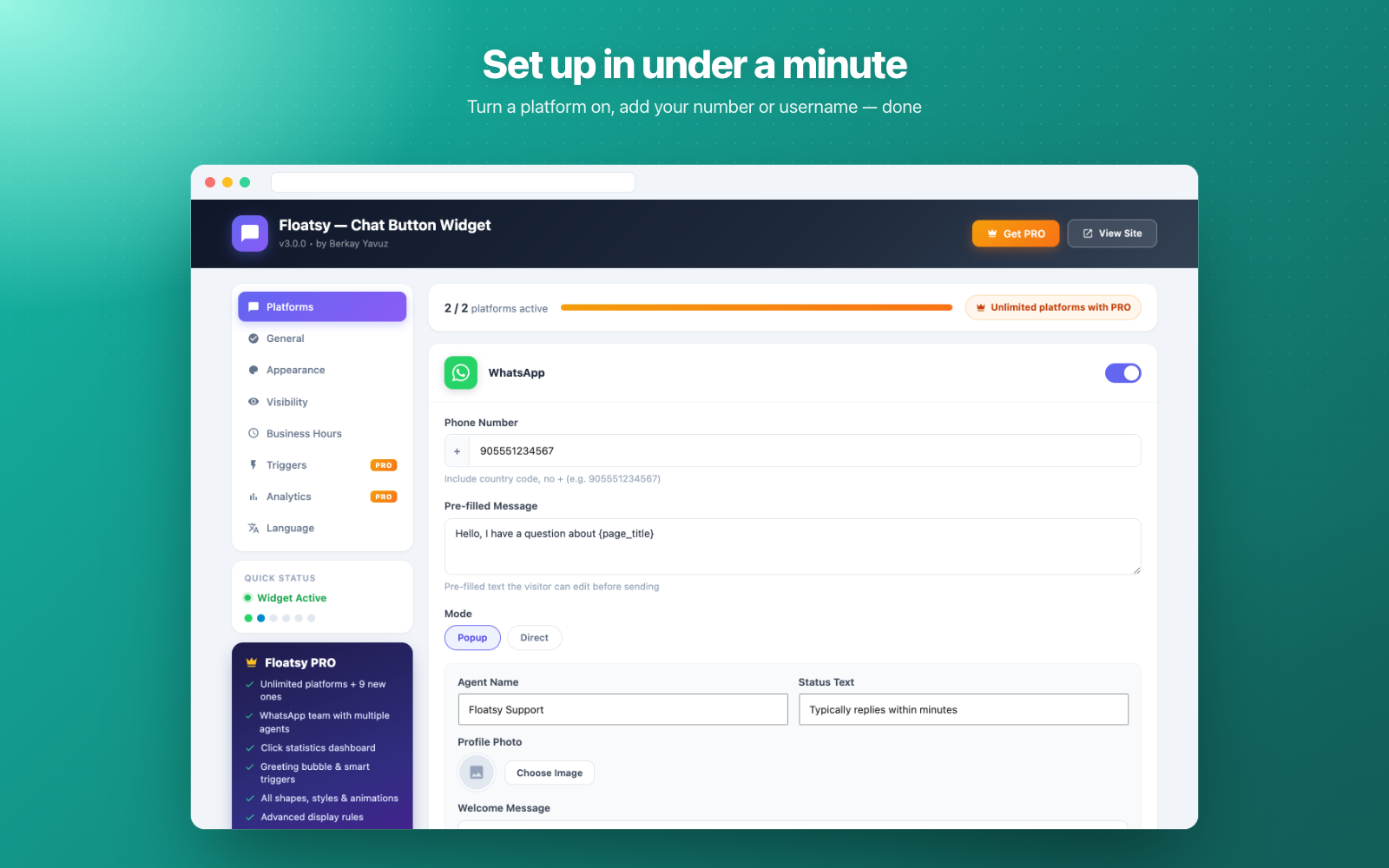 Platforms tab — enable a platform and fill in your details