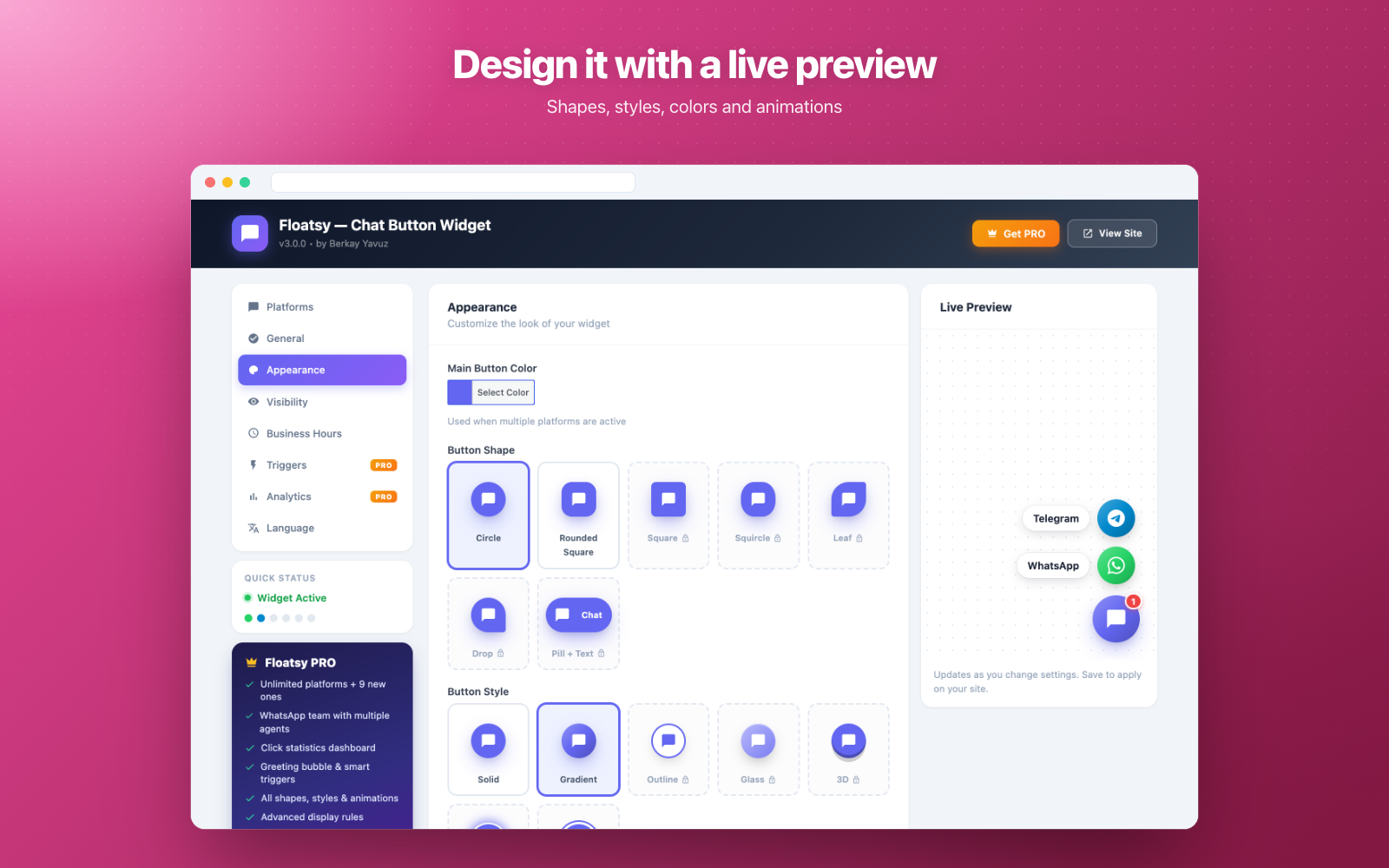 Appearance tab with live preview