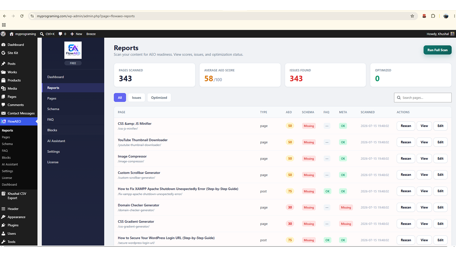 Reports: AEO scores, missing schema/FAQ/meta, Run Full Scan