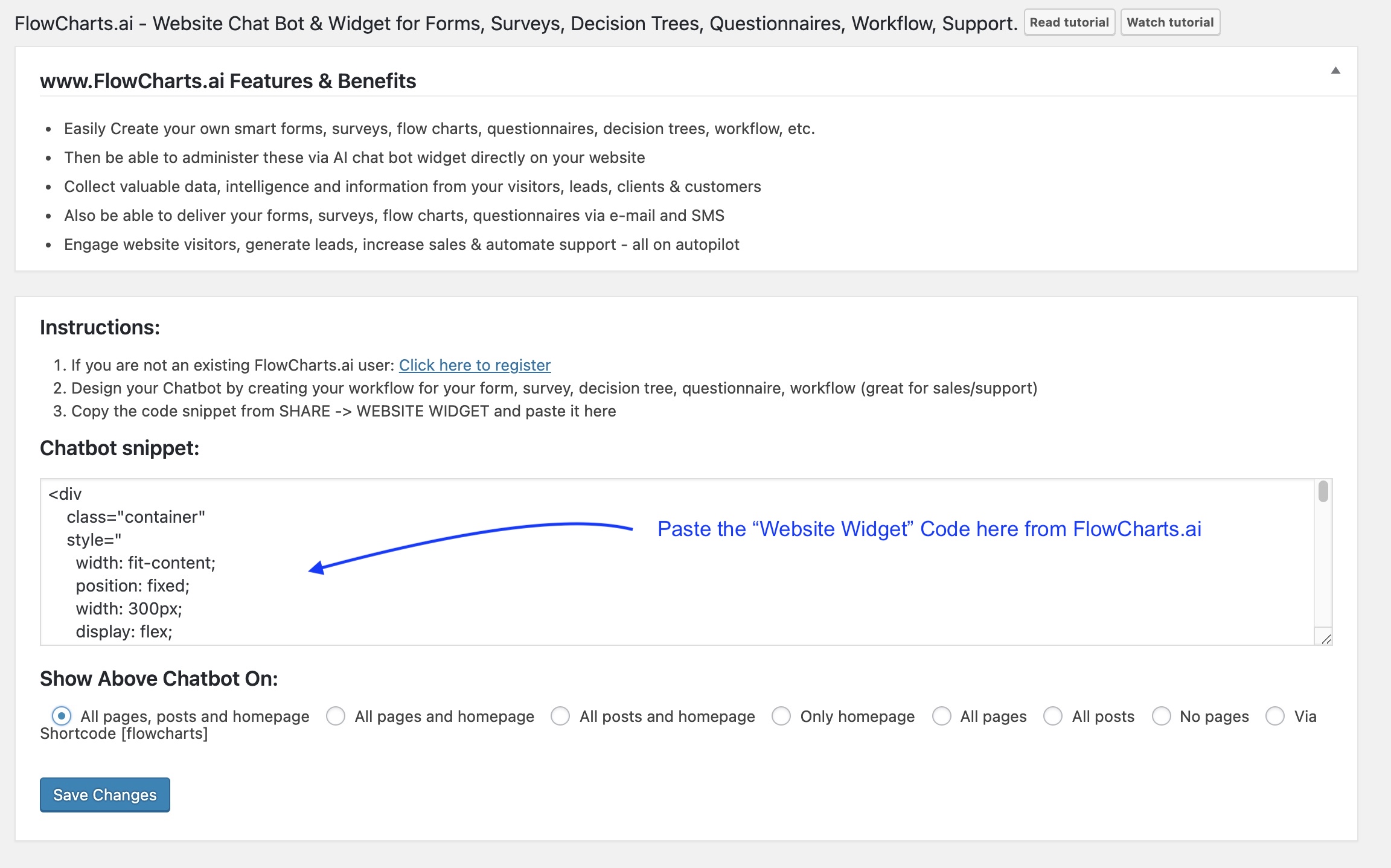 Paste your Website Widget code into the Wordpress plugin
