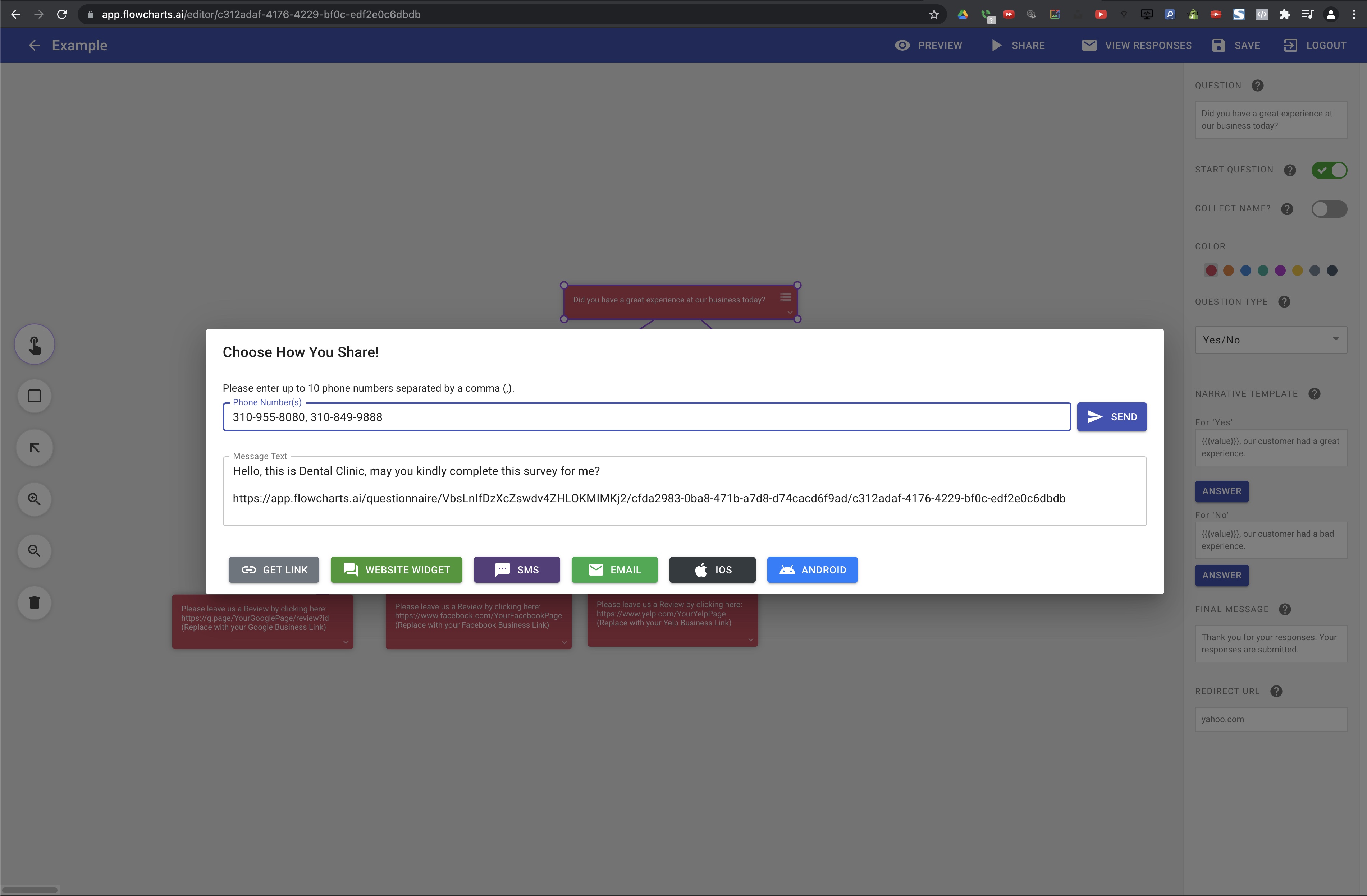 Be able to send out your workflows, decision trees, surveys, forms, questionnaires and flow charts not only through your AI Chat Bot Widget for your Website, but also via SMS Text Messages, Emails, Links, QR Codes too!