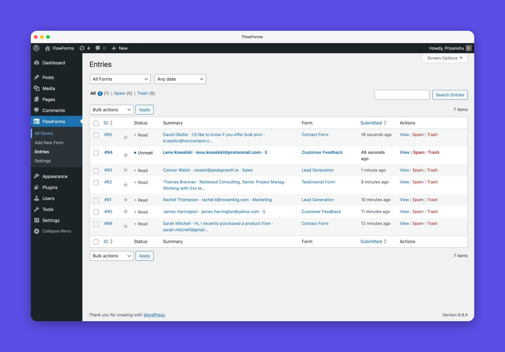 The entries manager — view and manage all submissions