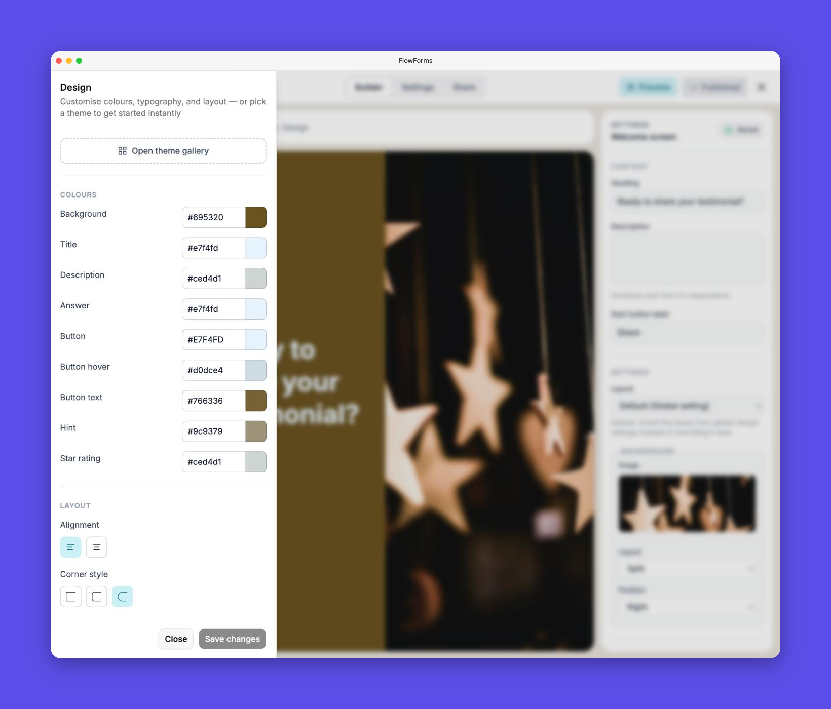 Form design customisation panel