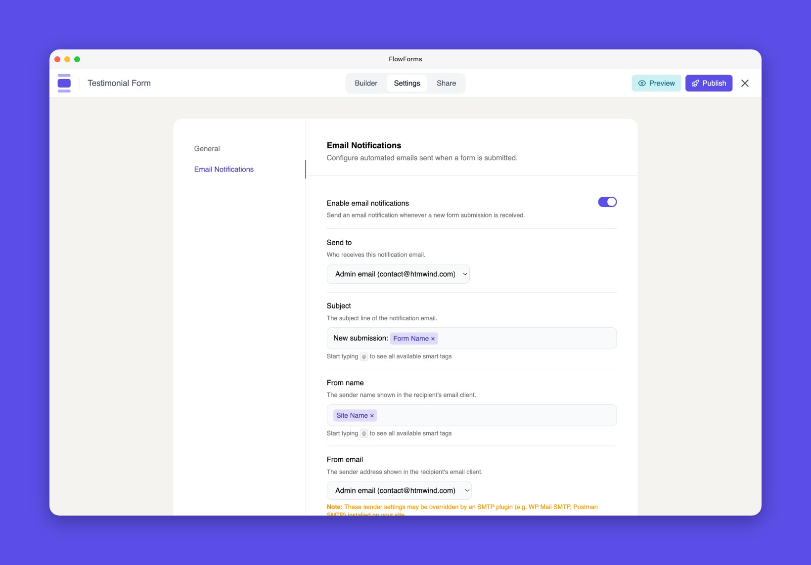 Email notification settings with smart tag support