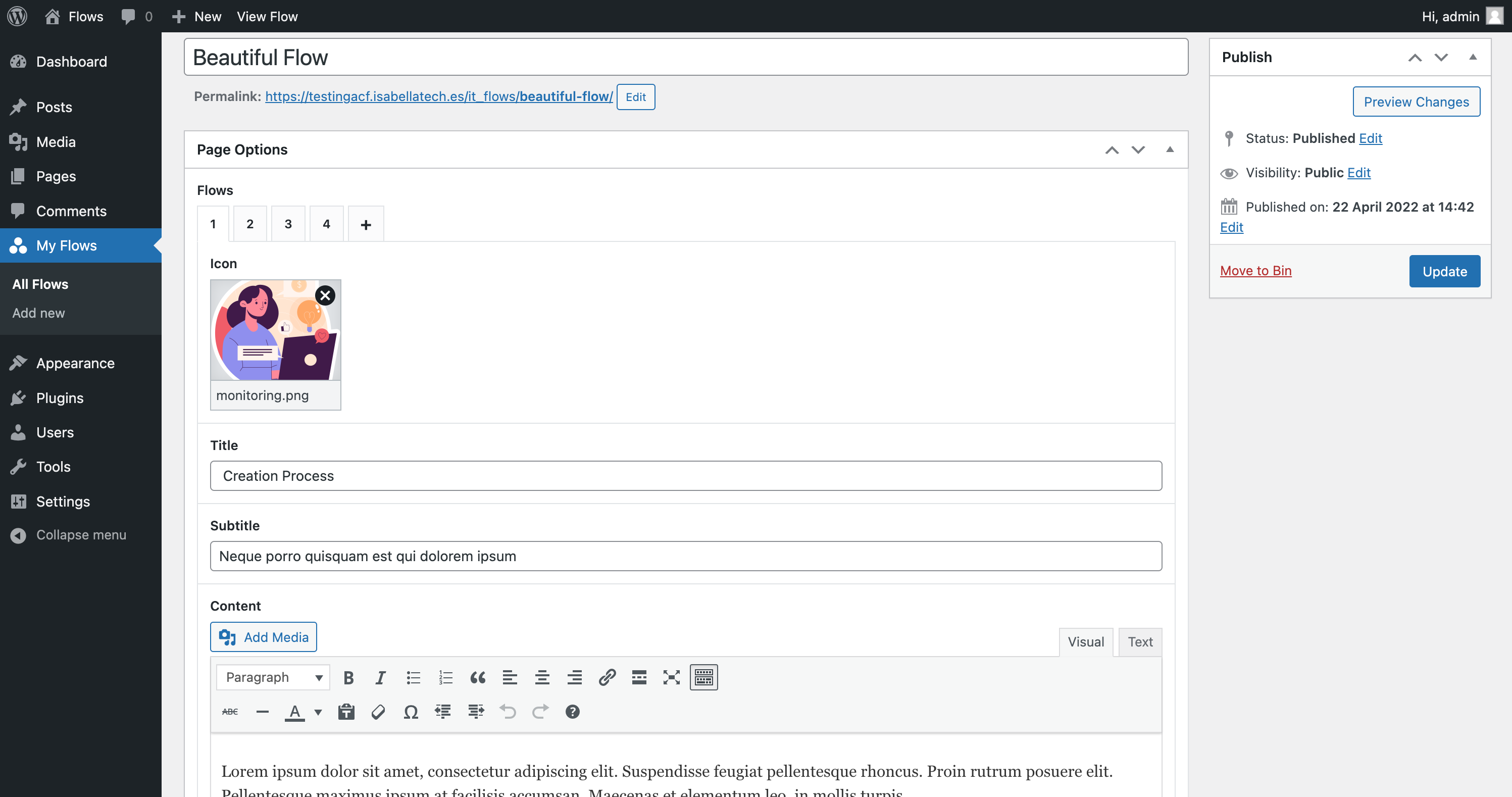 This screenshot shows the Flows creation or editing screen.