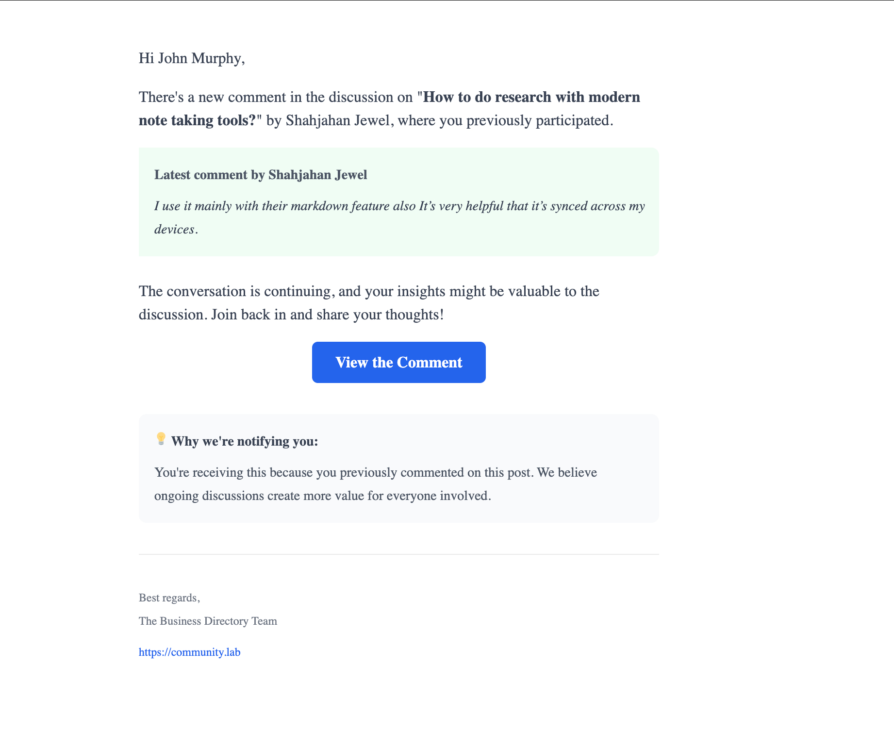 Notification Email to Commenters