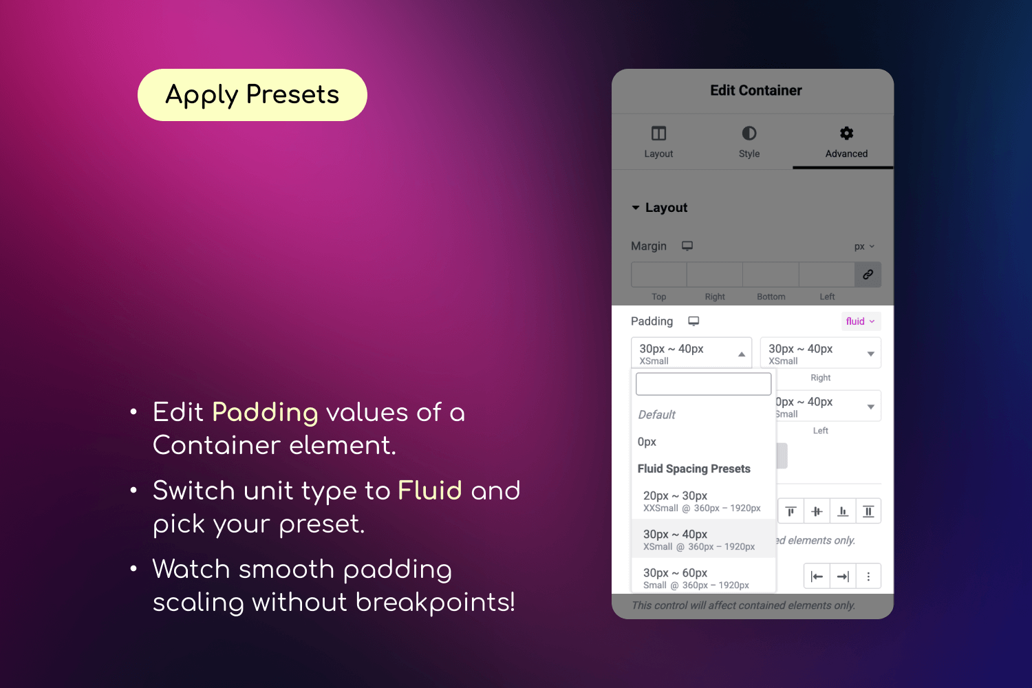Applying fluid unit for "padding" control