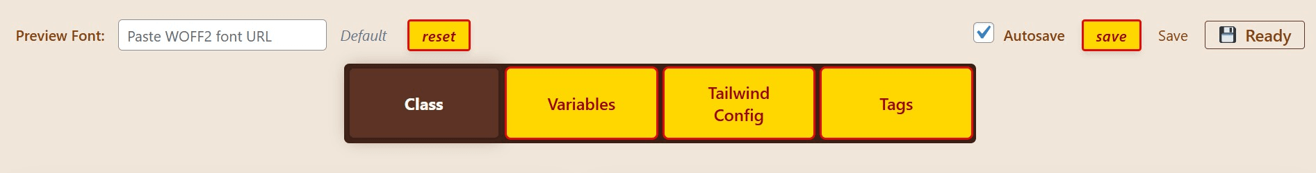 **Control Center** - Switch between CSS Variables, Classes, HTML Tags, and Tailwind formats