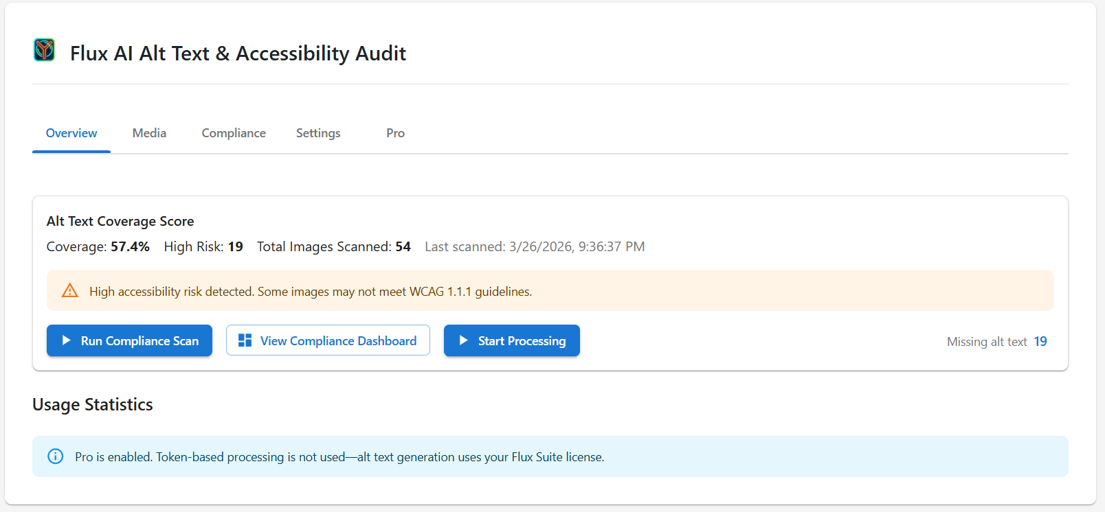 Compliance Dashboard summarizing scan results and coverage risk