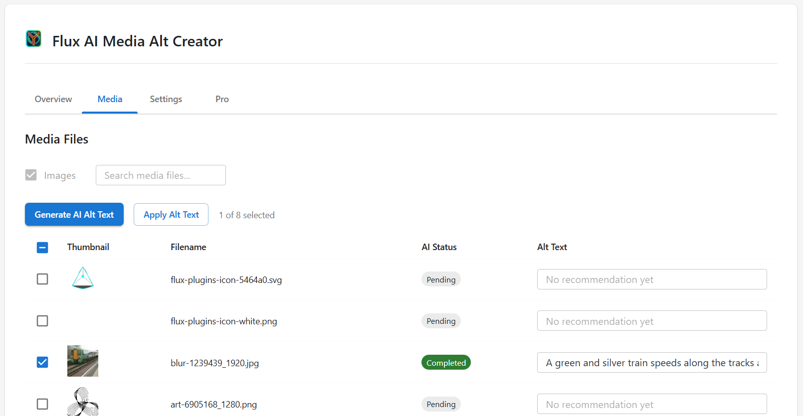 Media management interface for batch editing and applying alt text
