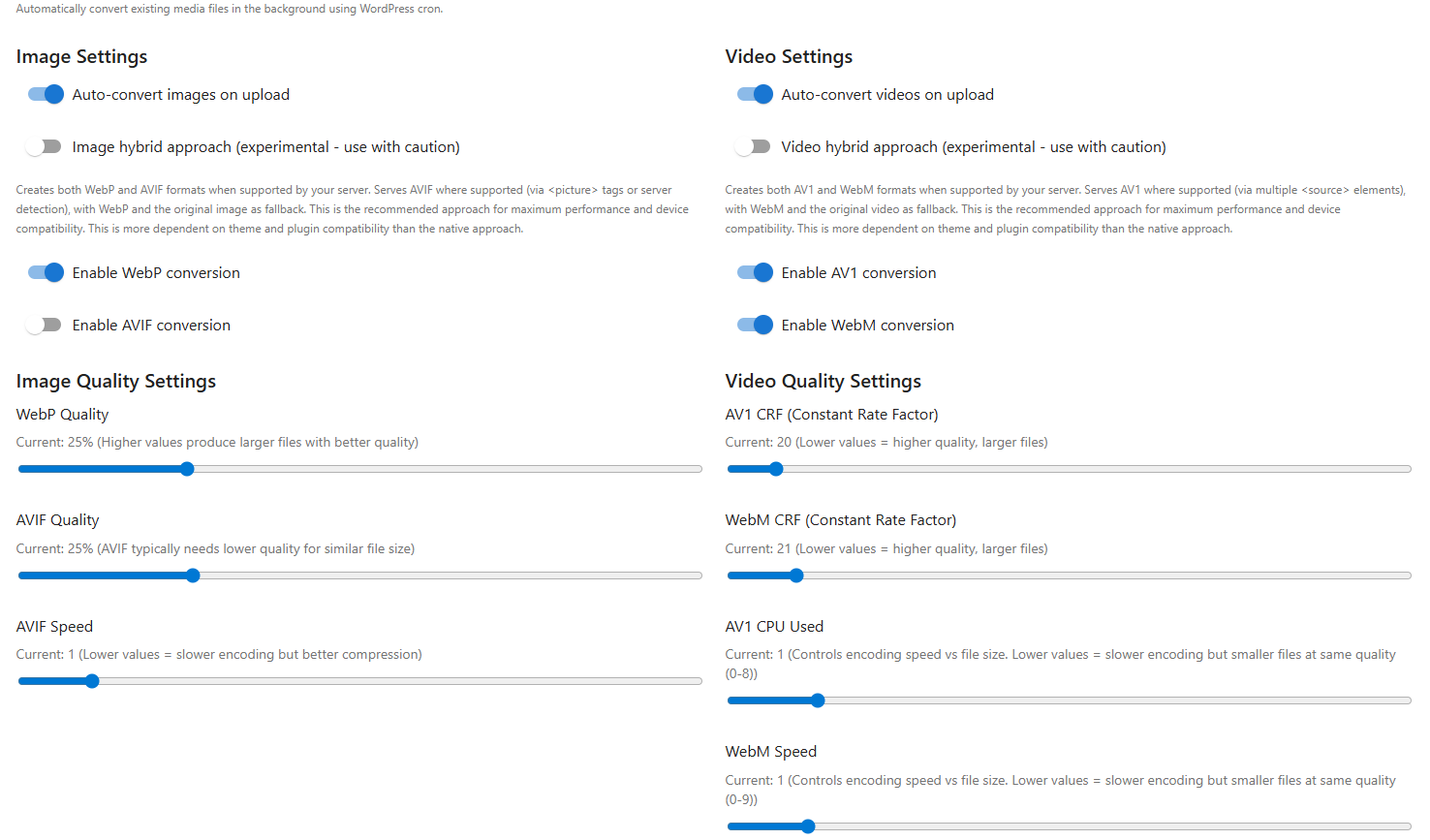 Settings page with various settings and quality controls