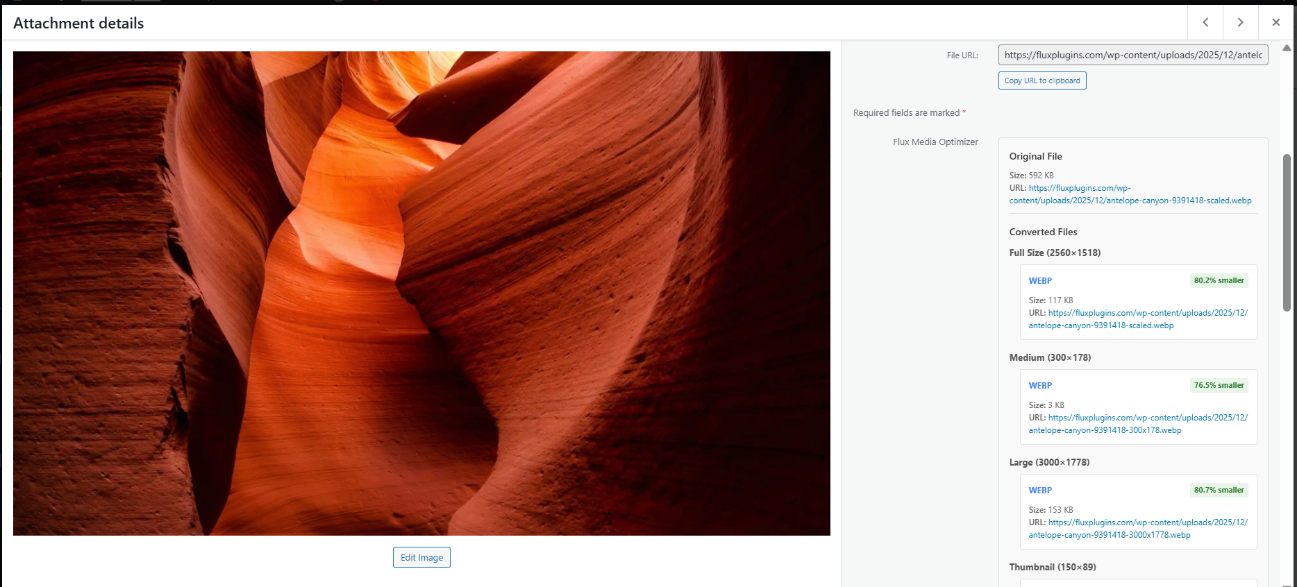 Attachment details showing optimization status and file size comparisons