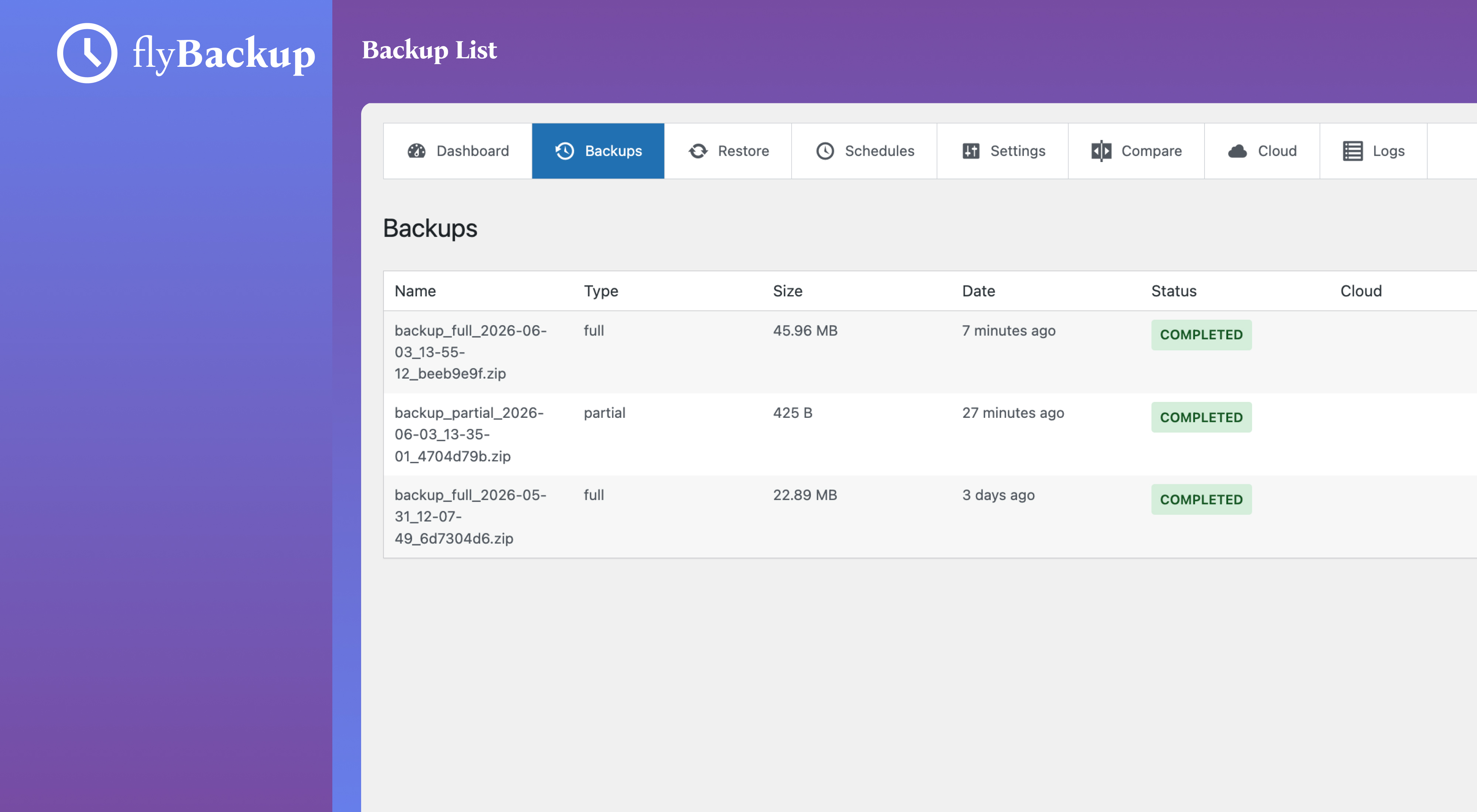 Backups List - Manage all your backups