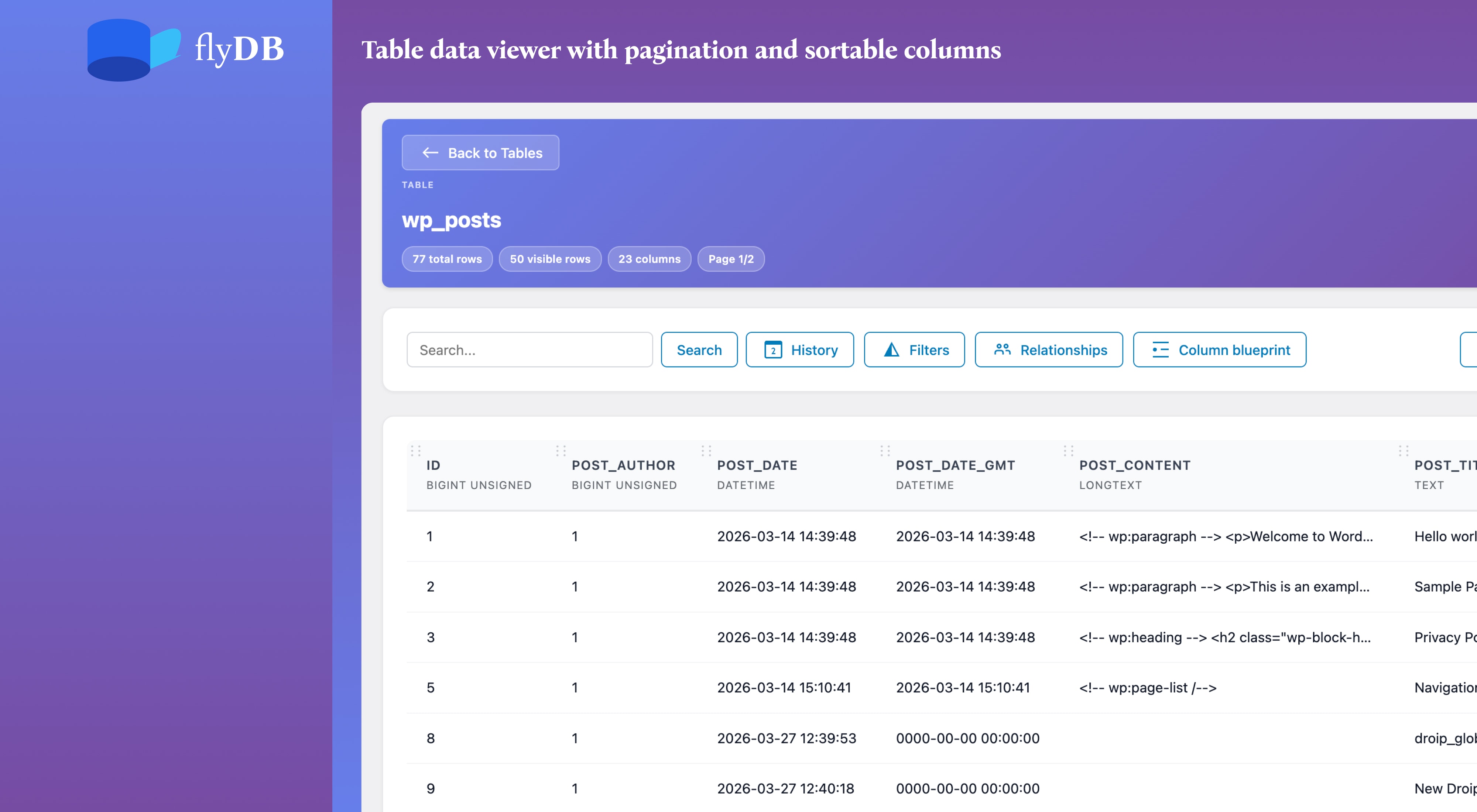Table data viewer with pagination and sortable columns