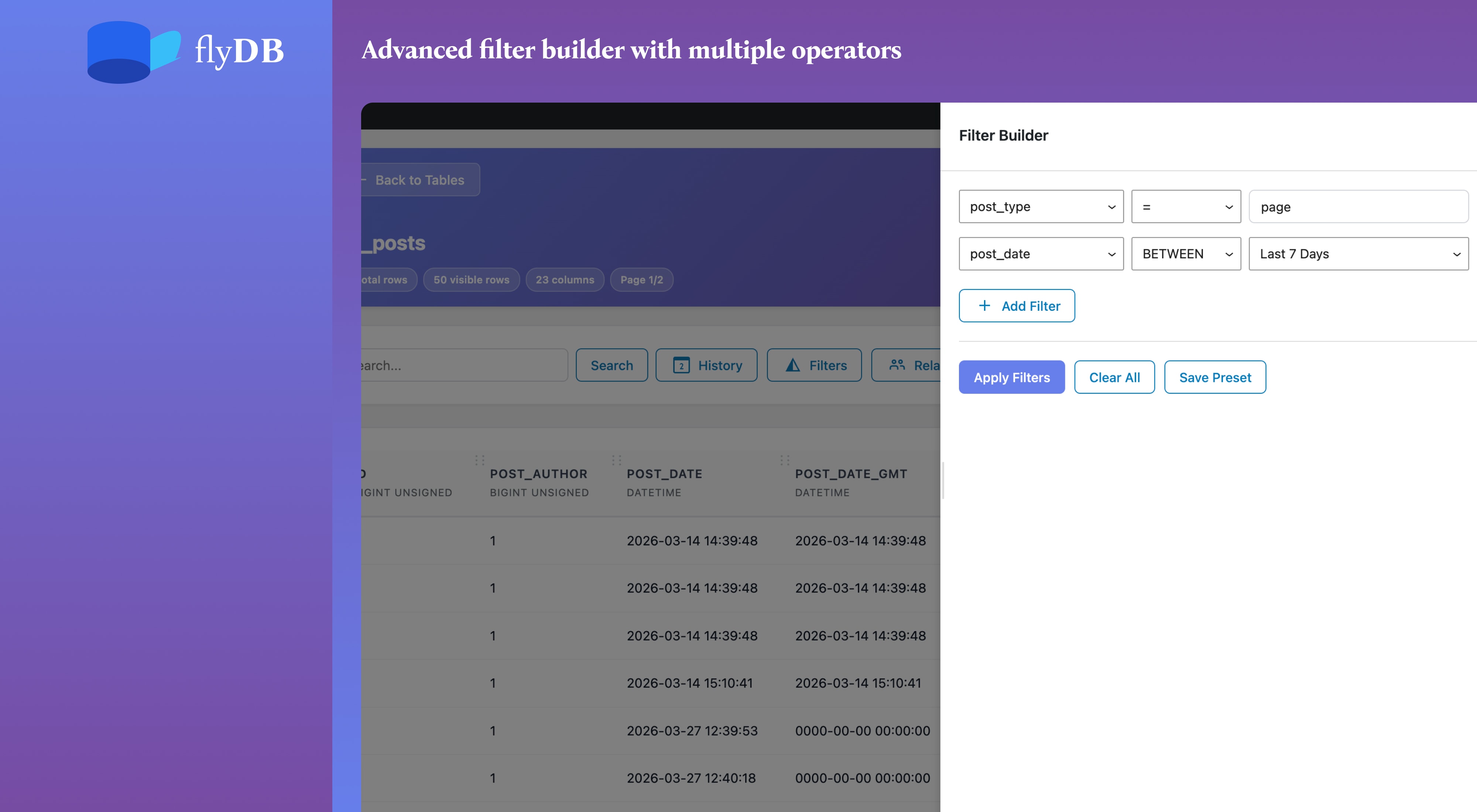 Advanced filter builder with multiple operators