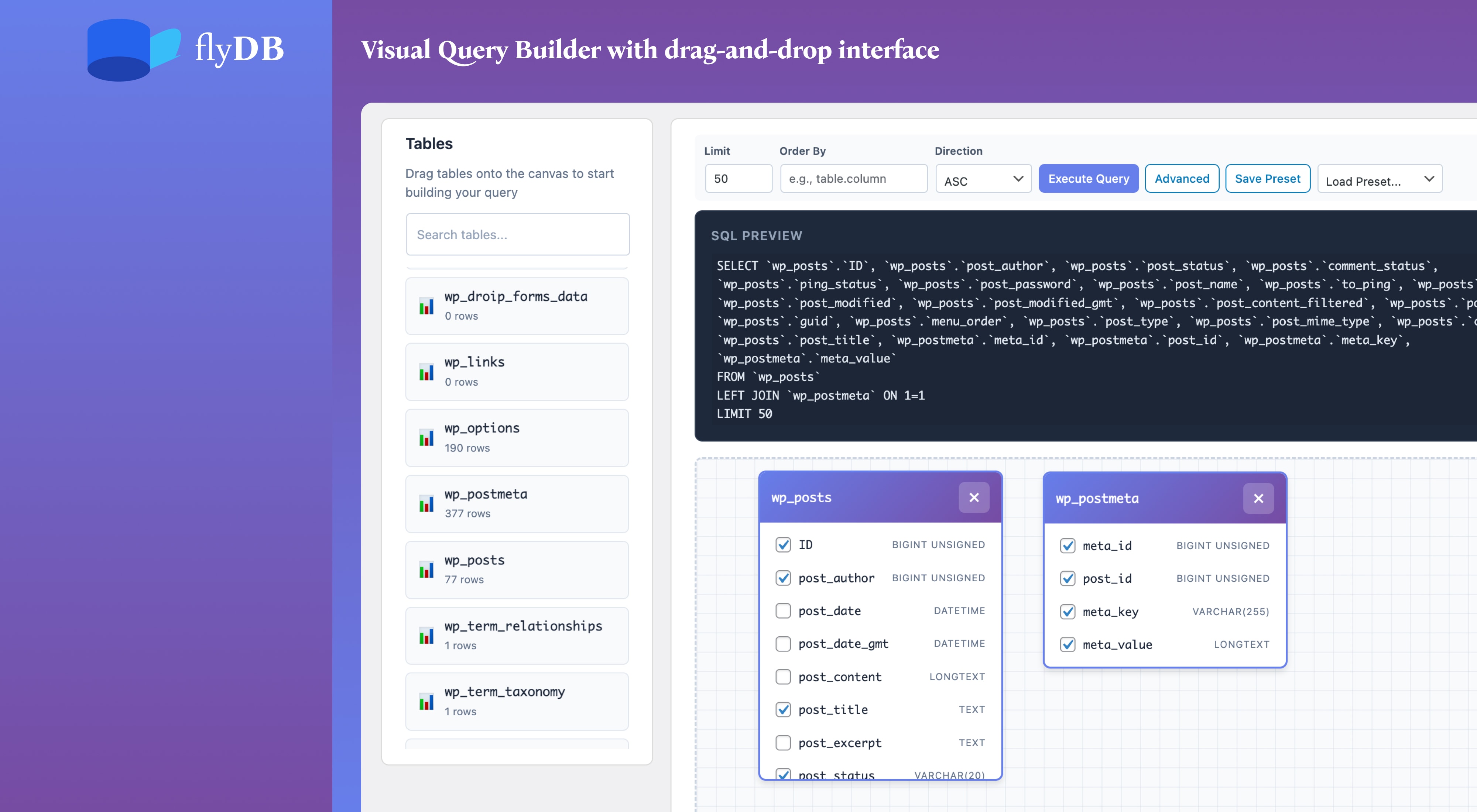 Visual Query Builder with drag-and-drop interface