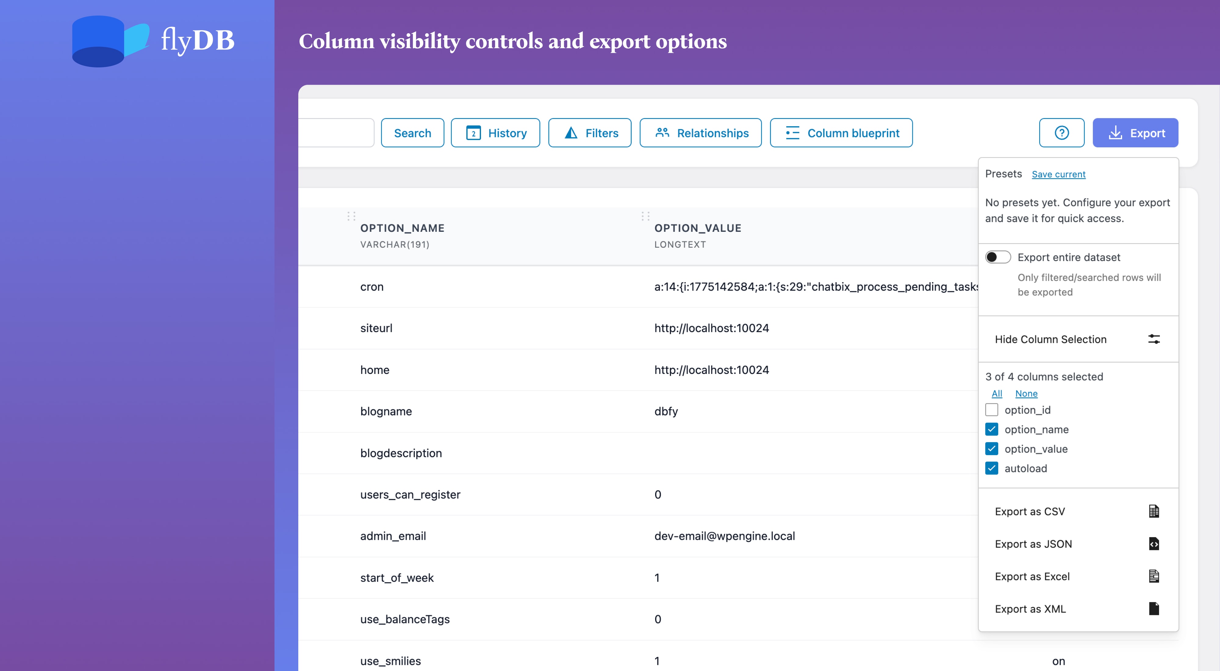 Column visibility controls and export options