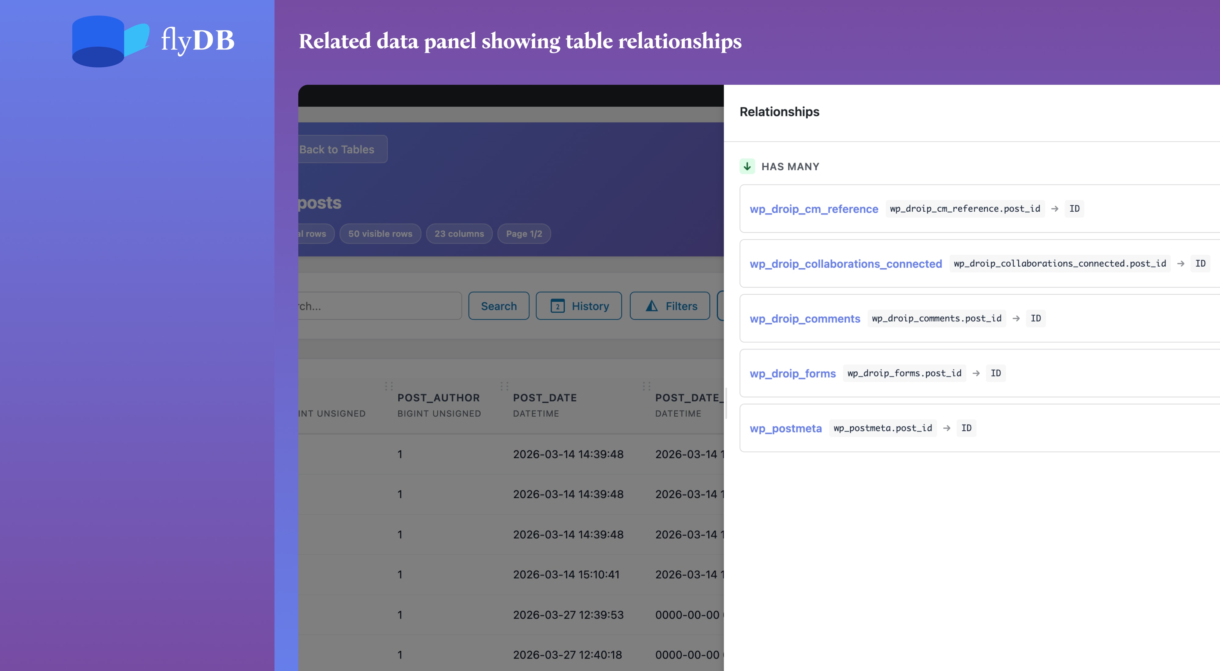 Related data panel showing table relationships