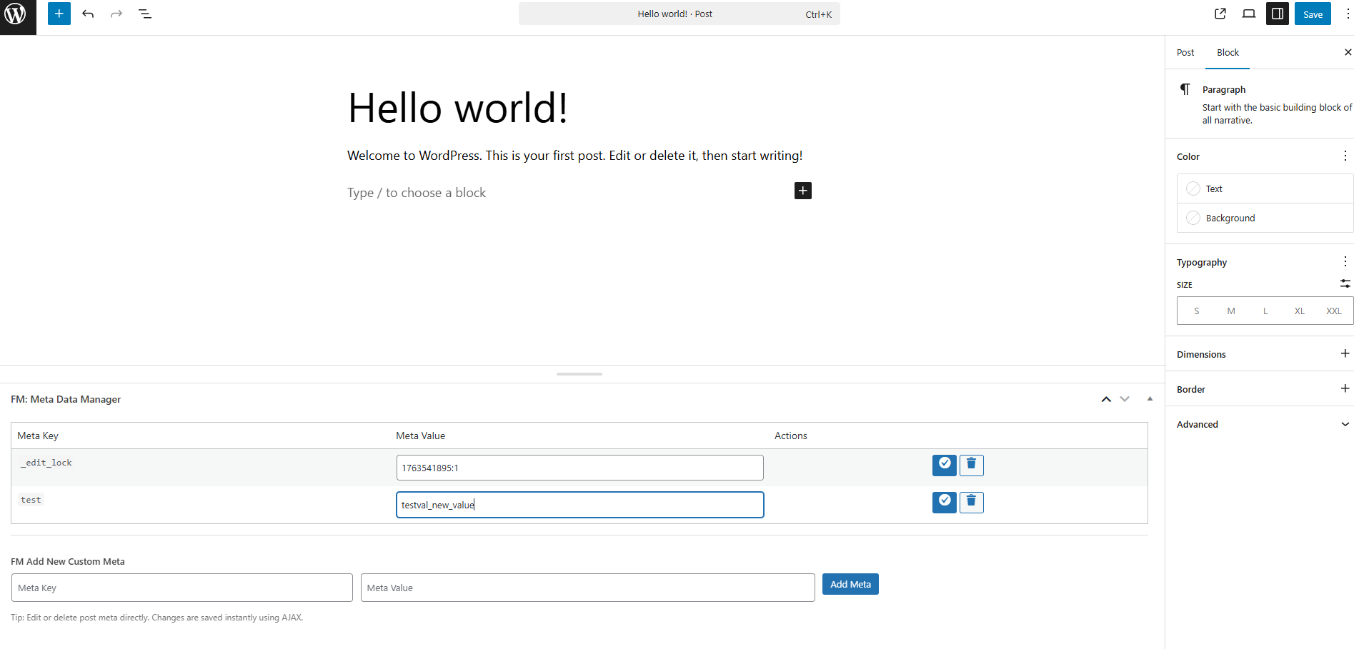 Inline editing of meta values with AJAX updates.