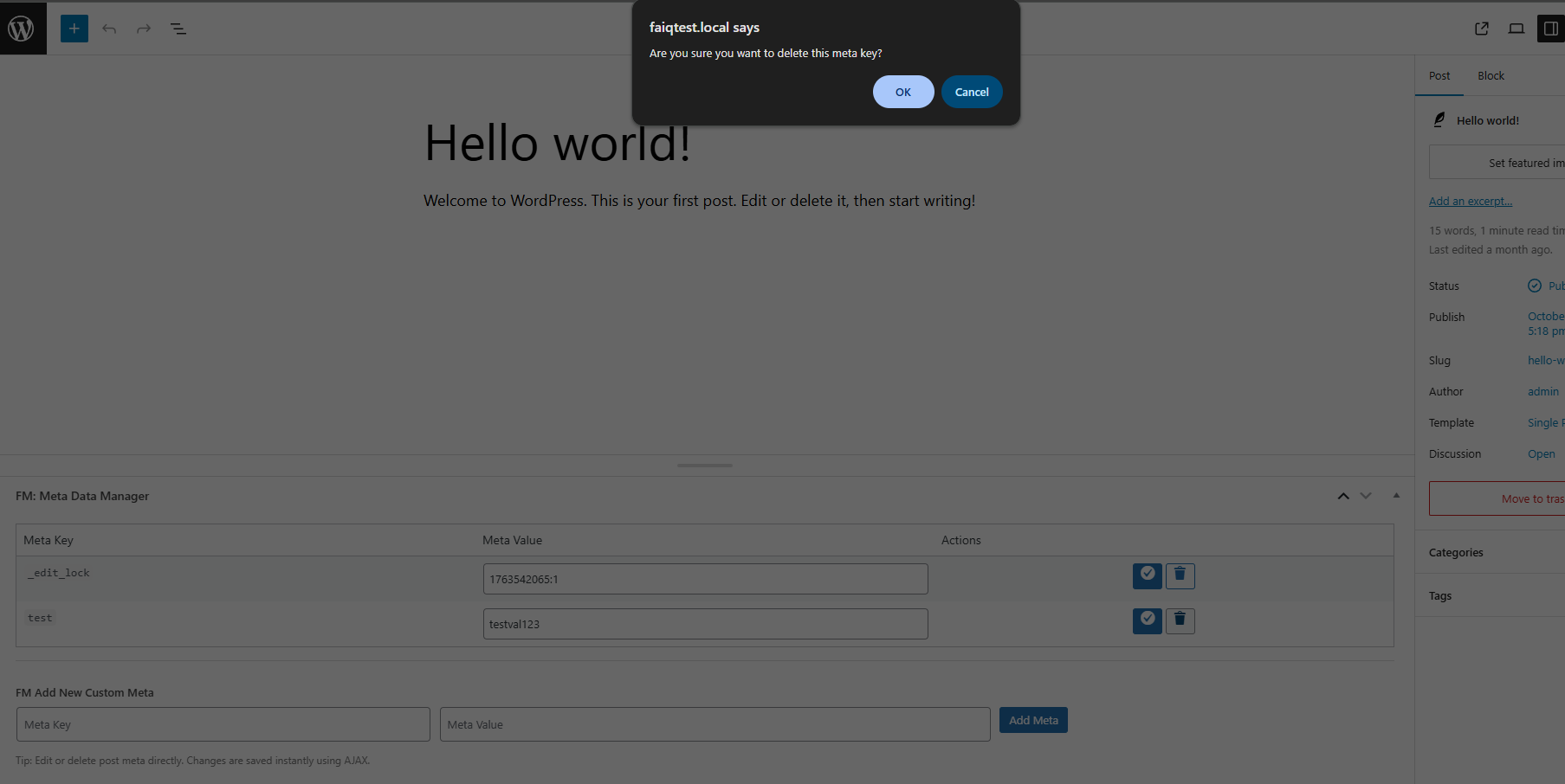 Deleting meta entries instantly with success notifications.