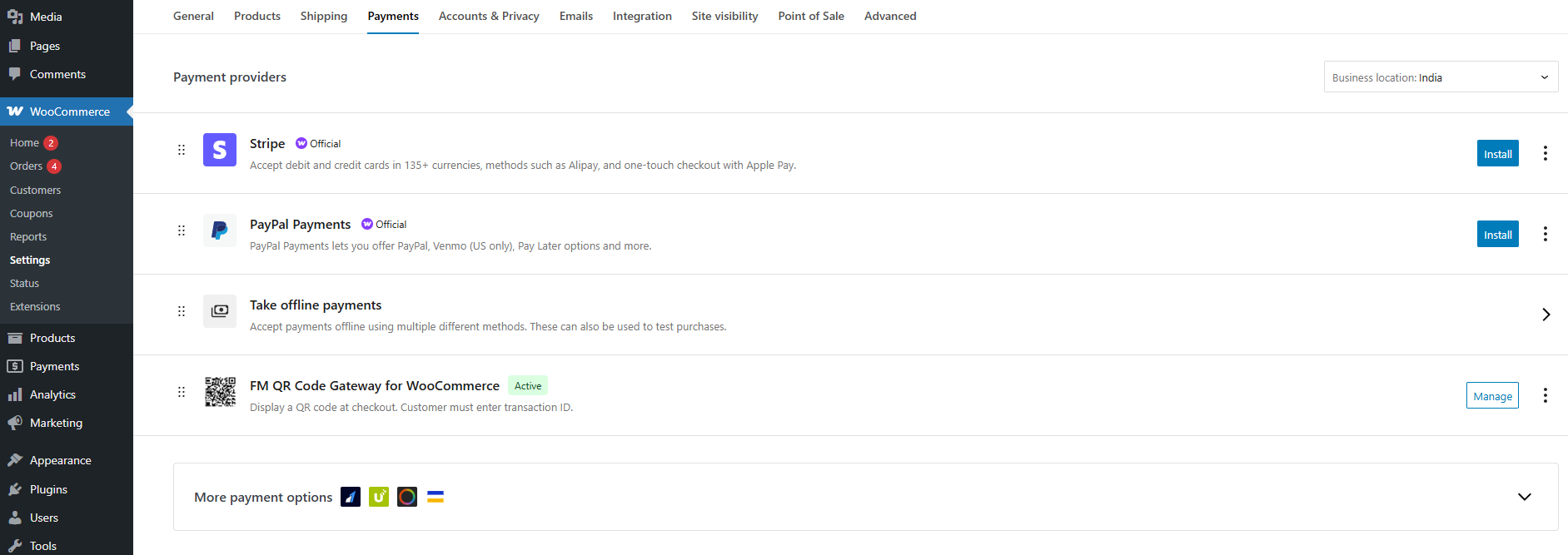 Payment Method Displayed in WooCommerce Payments section.