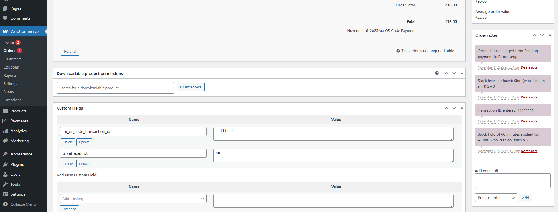 Order details showing saved Transaction ID.