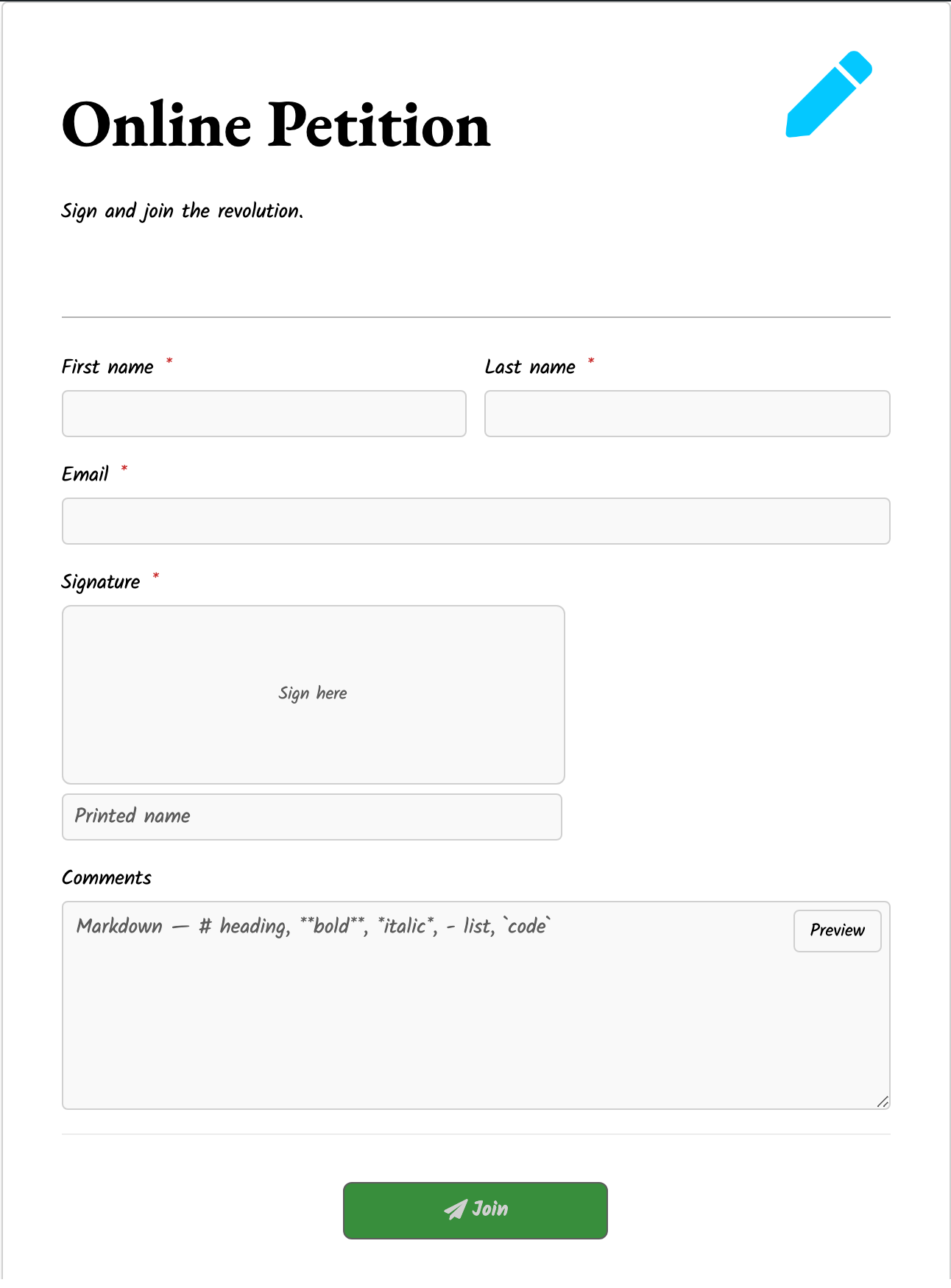 A petition form with a signature pad and a Markdown-enabled comments field.