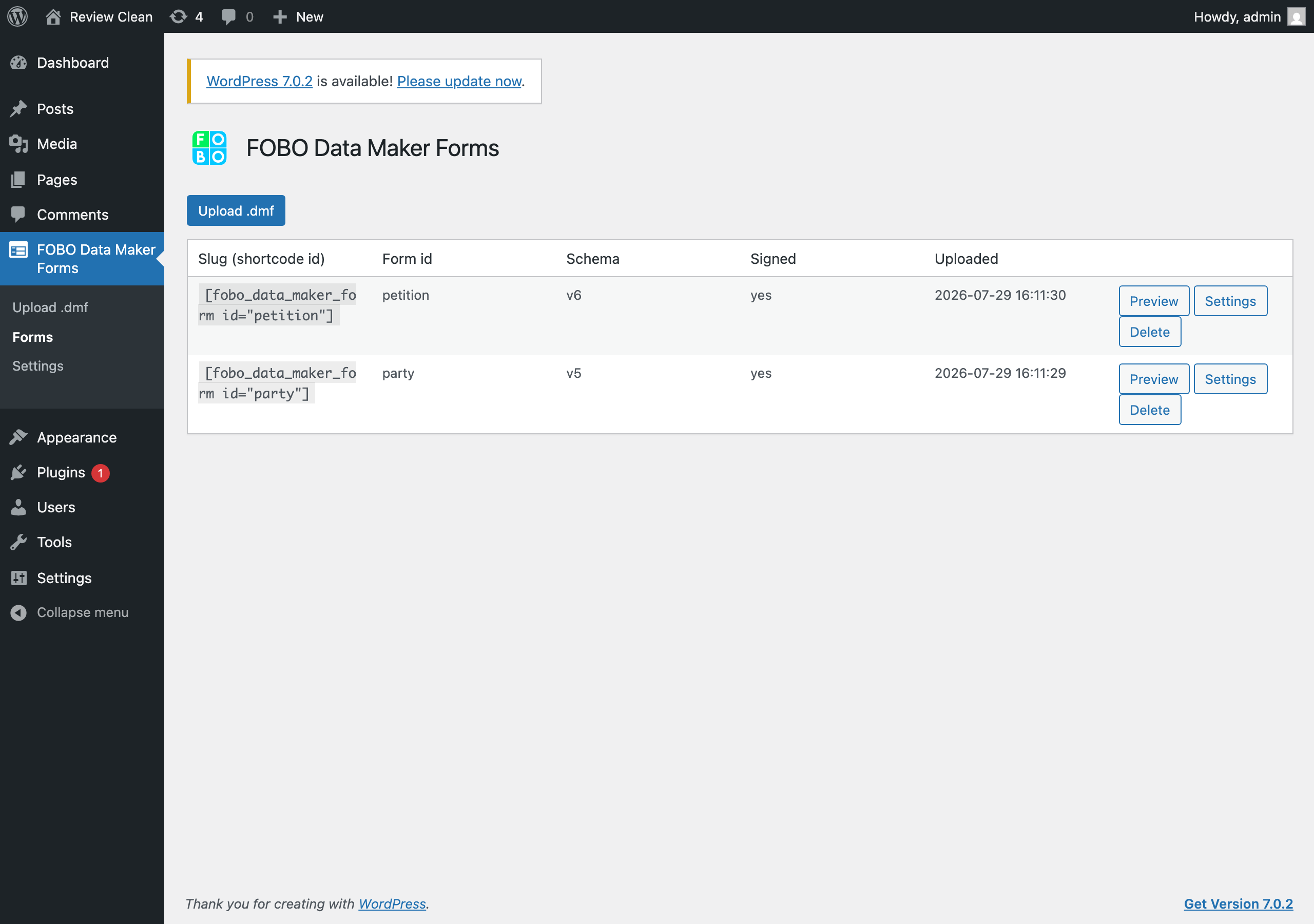 The Forms admin screen: every uploaded .dmf listed with its shortcode, signing status, and upload date.