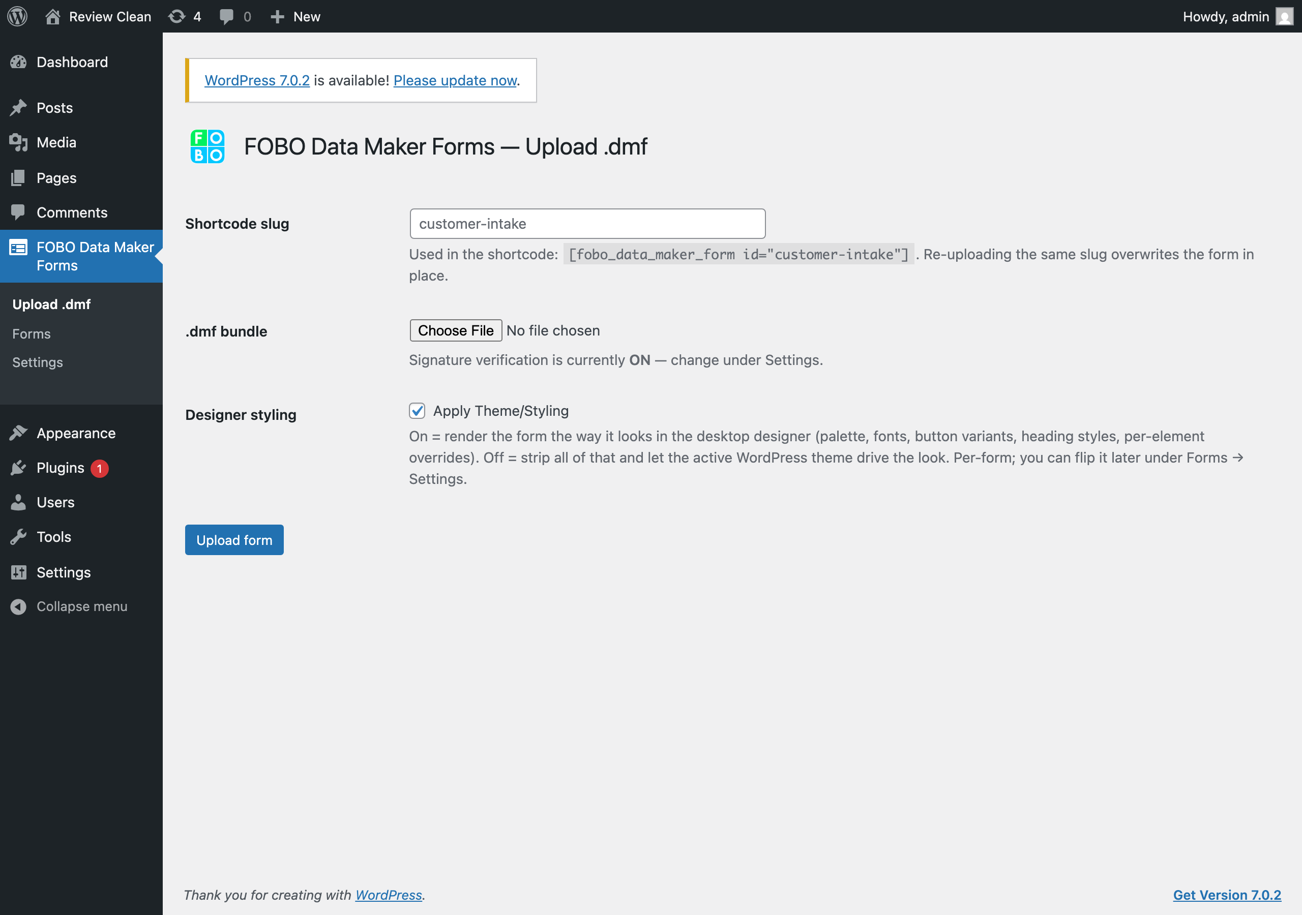 Uploading a signed .dmf bundle and giving it a shortcode slug.