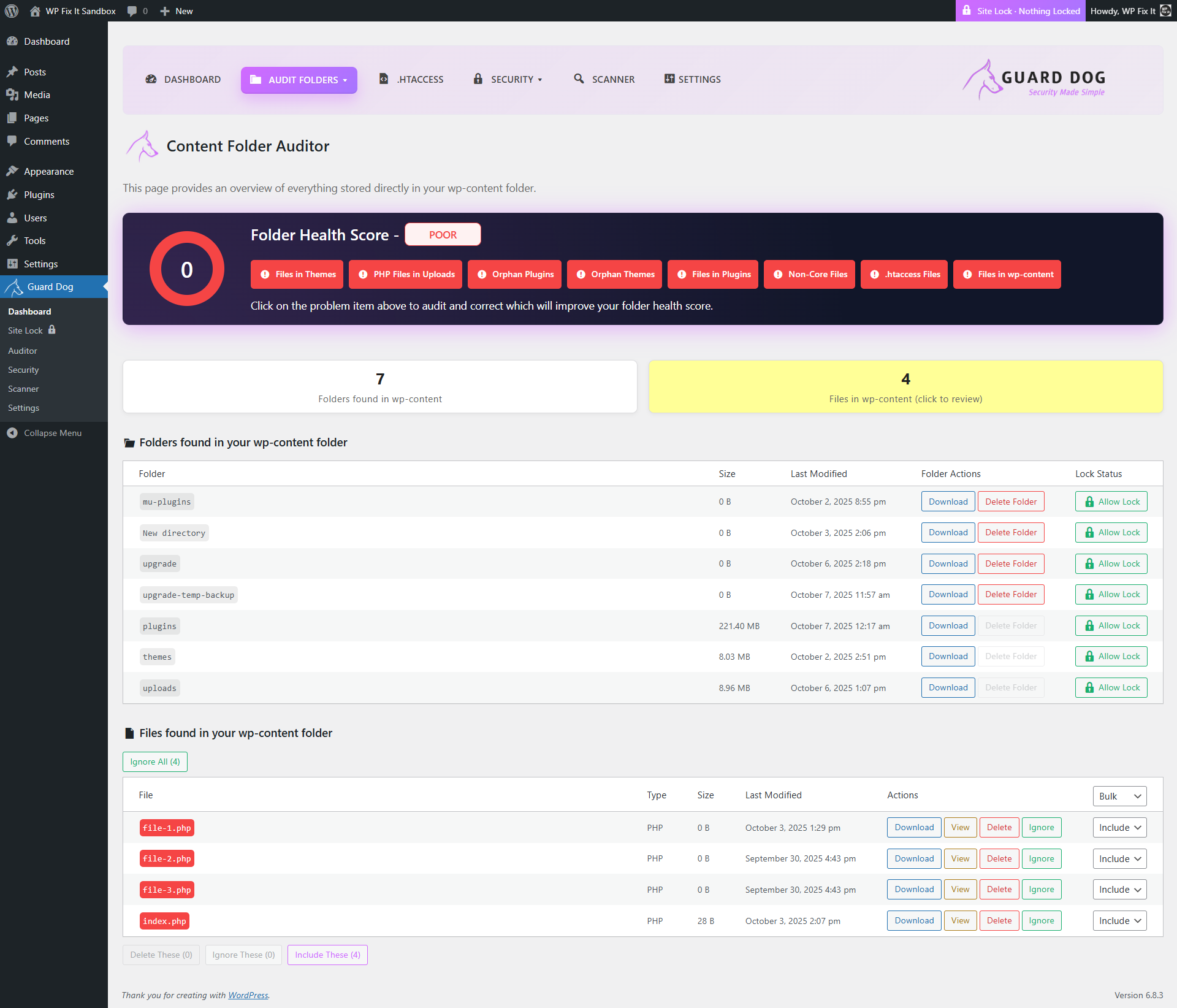 **Uploads tab** for auditing your uploads directory.