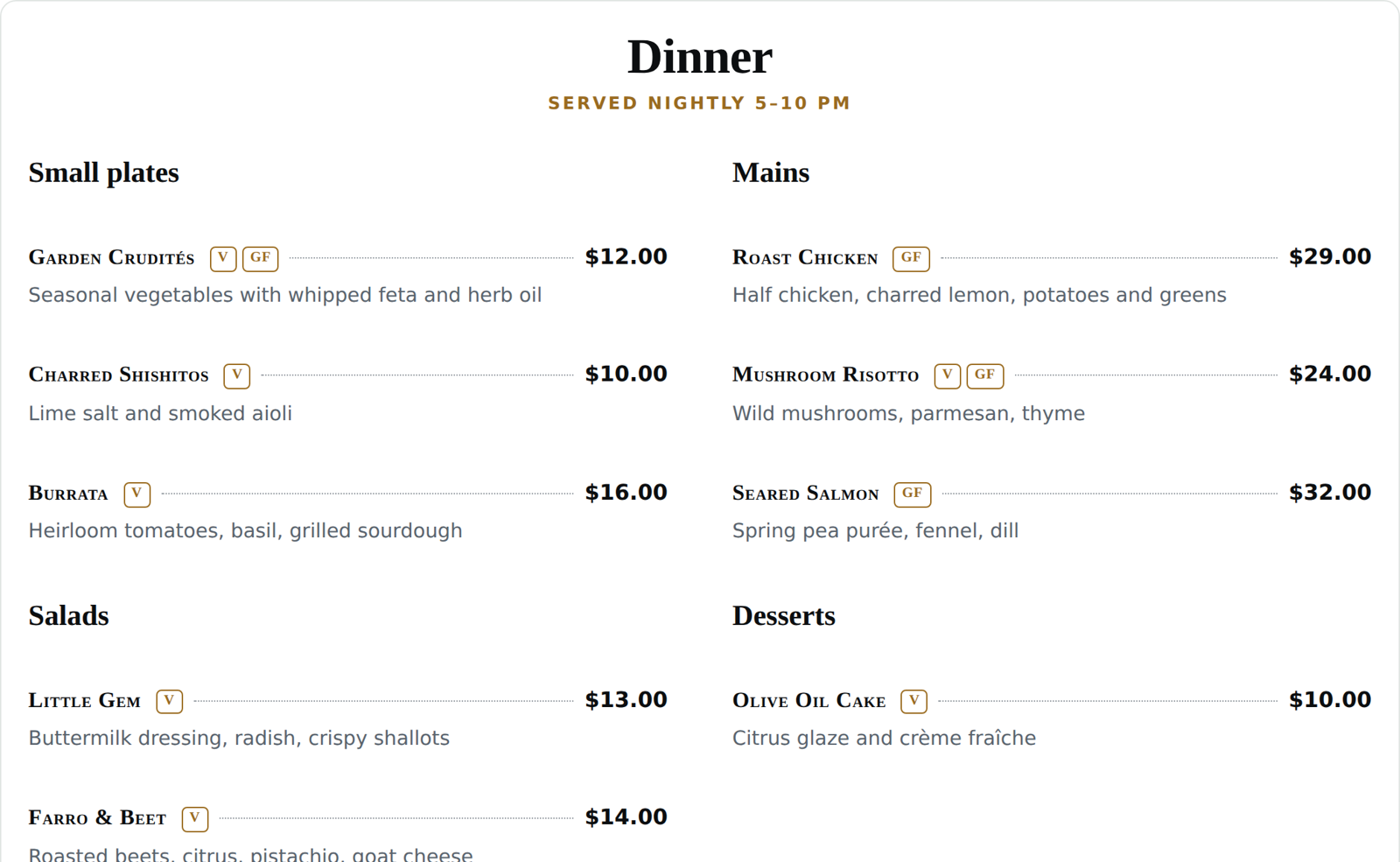 A restaurant menu built from a spreadsheet, printed into the page.
