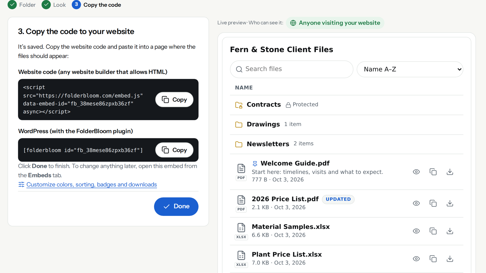 Copying the WordPress shortcode from the FolderBloom dashboard.