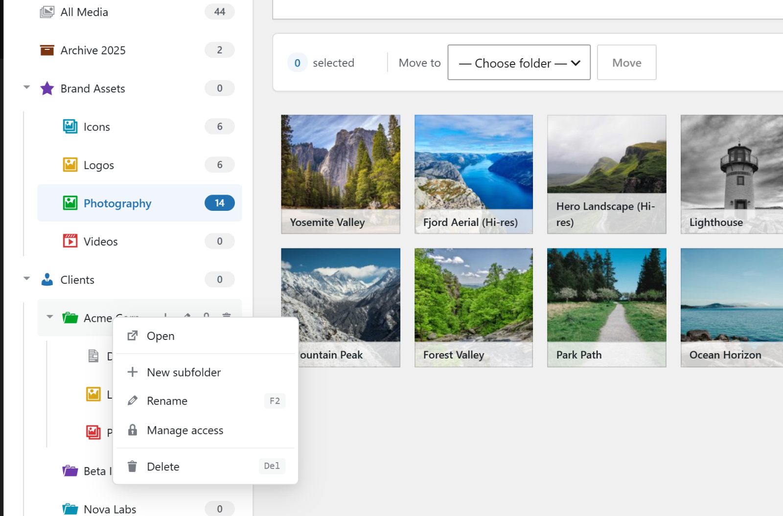 Right-click context menu with keyboard shortcuts.