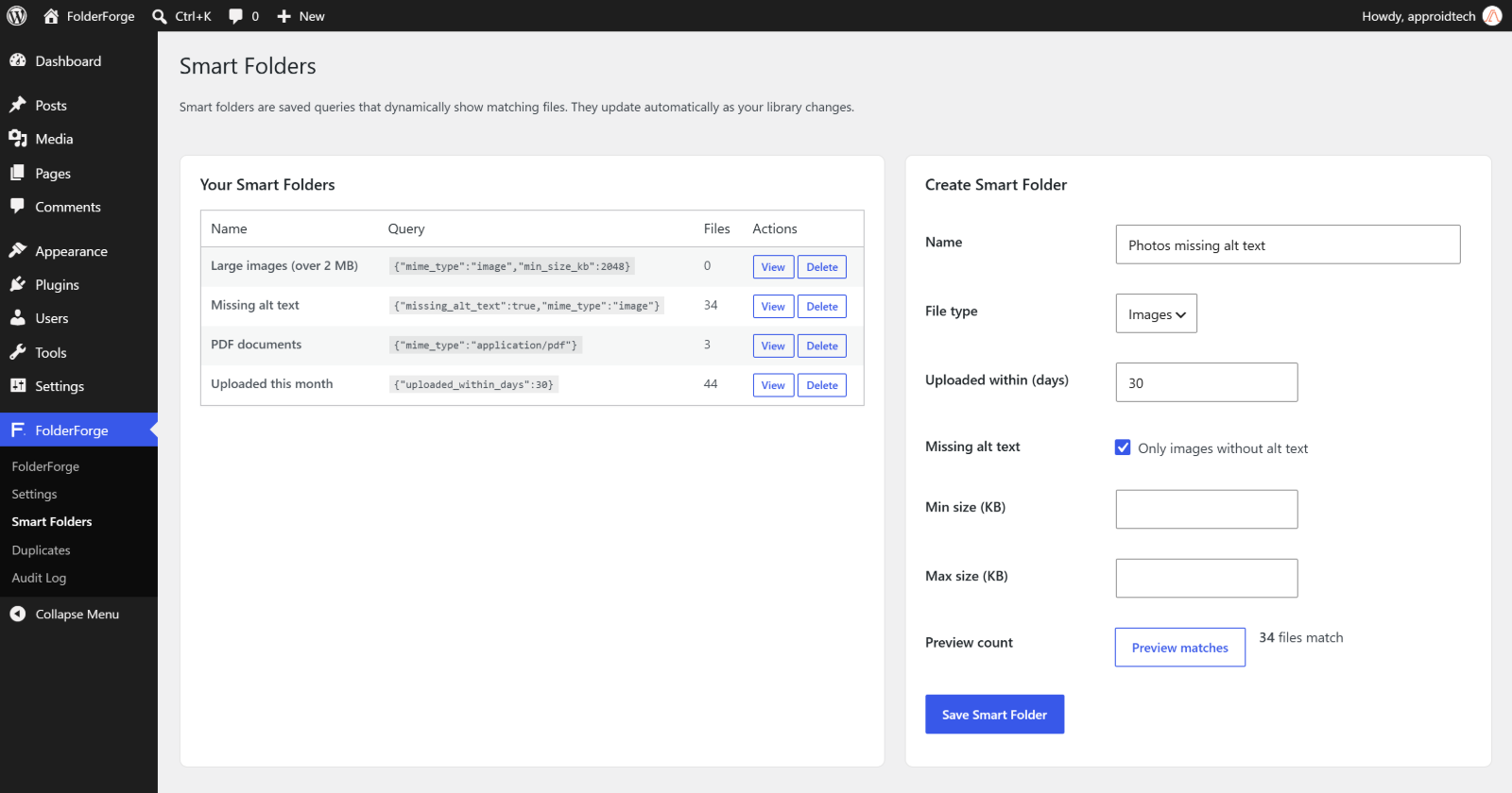 Smart Folders builder — filter by MIME type, upload date, alt-text status, size, and more.