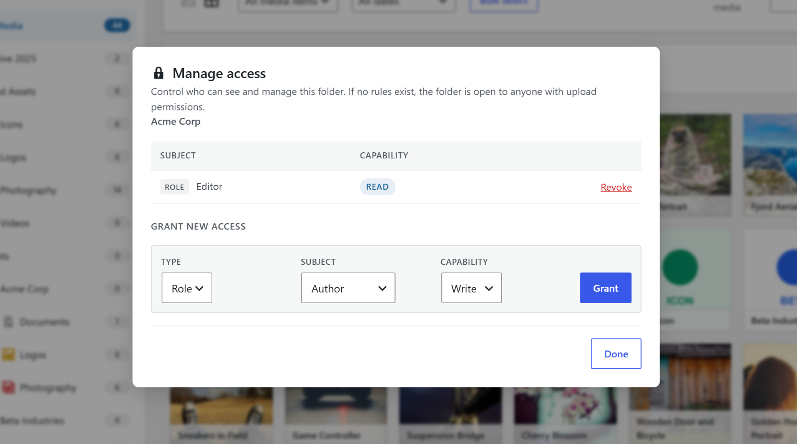 Permissions modal for granting per-folder access to users or roles.