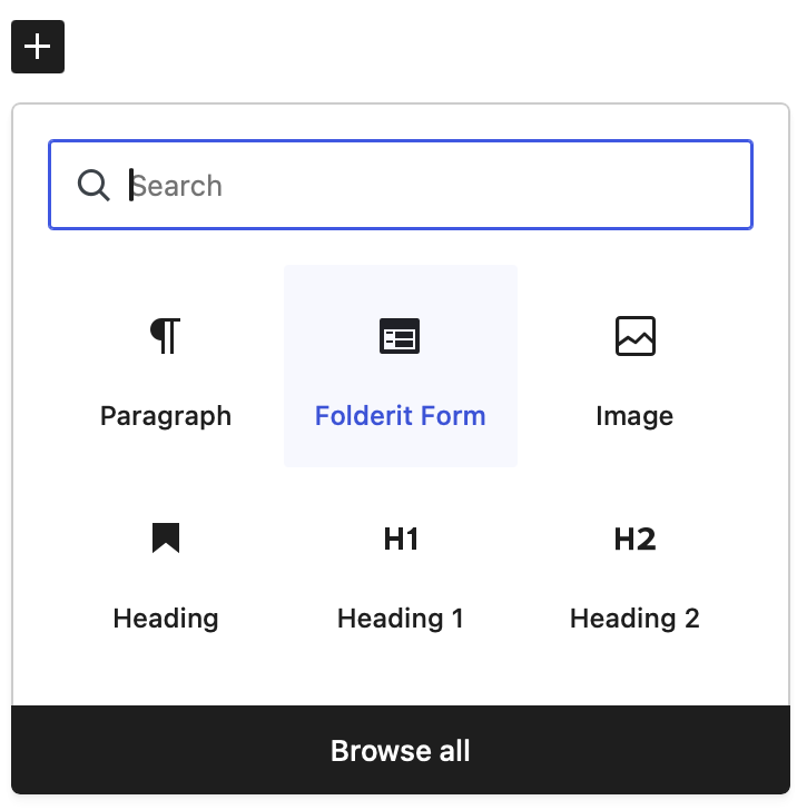 Add a published form to a page with the Folderit Form block.