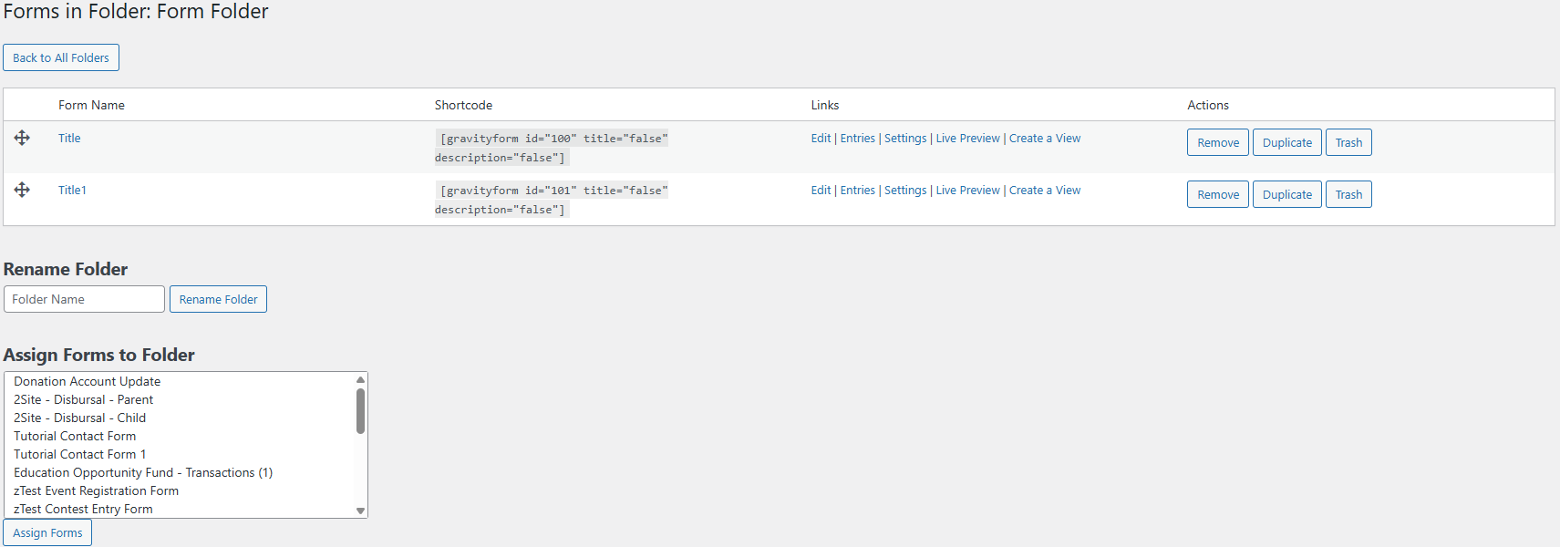 Inside a Form Folder, showing organized Gravity Forms with drag-and-drop ordering and bulk assignment tools.