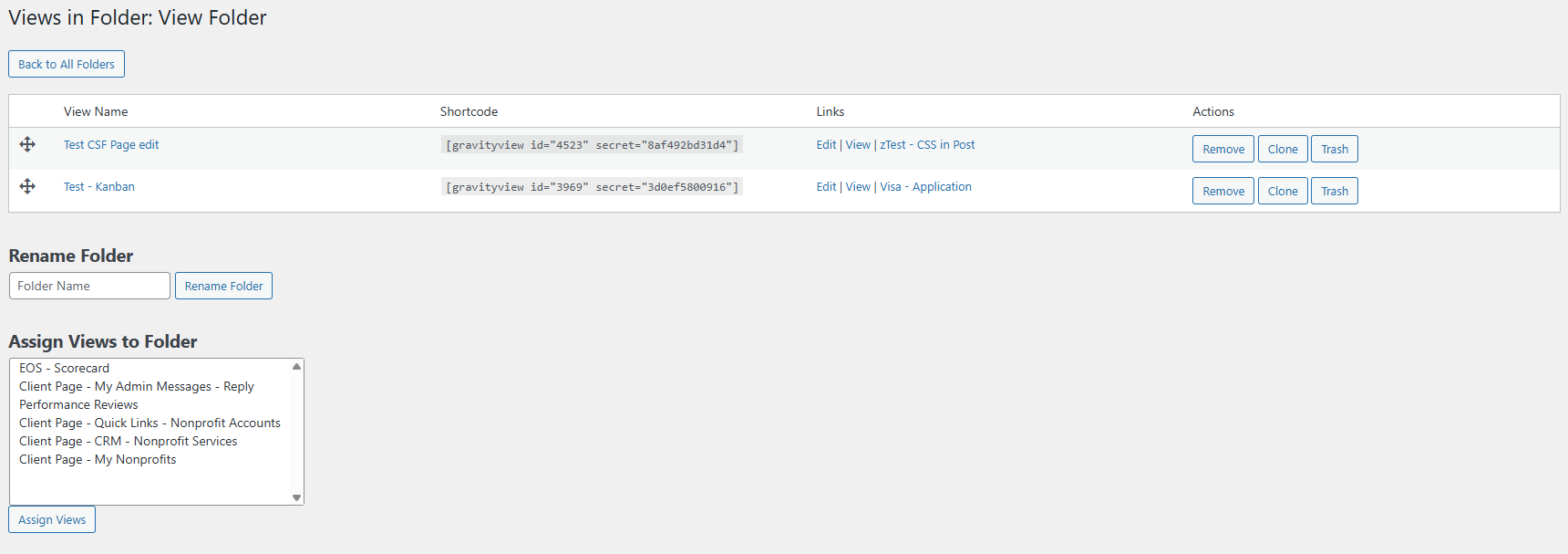 Inside a View Folder, displaying GravityView Views grouped by project or workflow with full folder navigation controls.